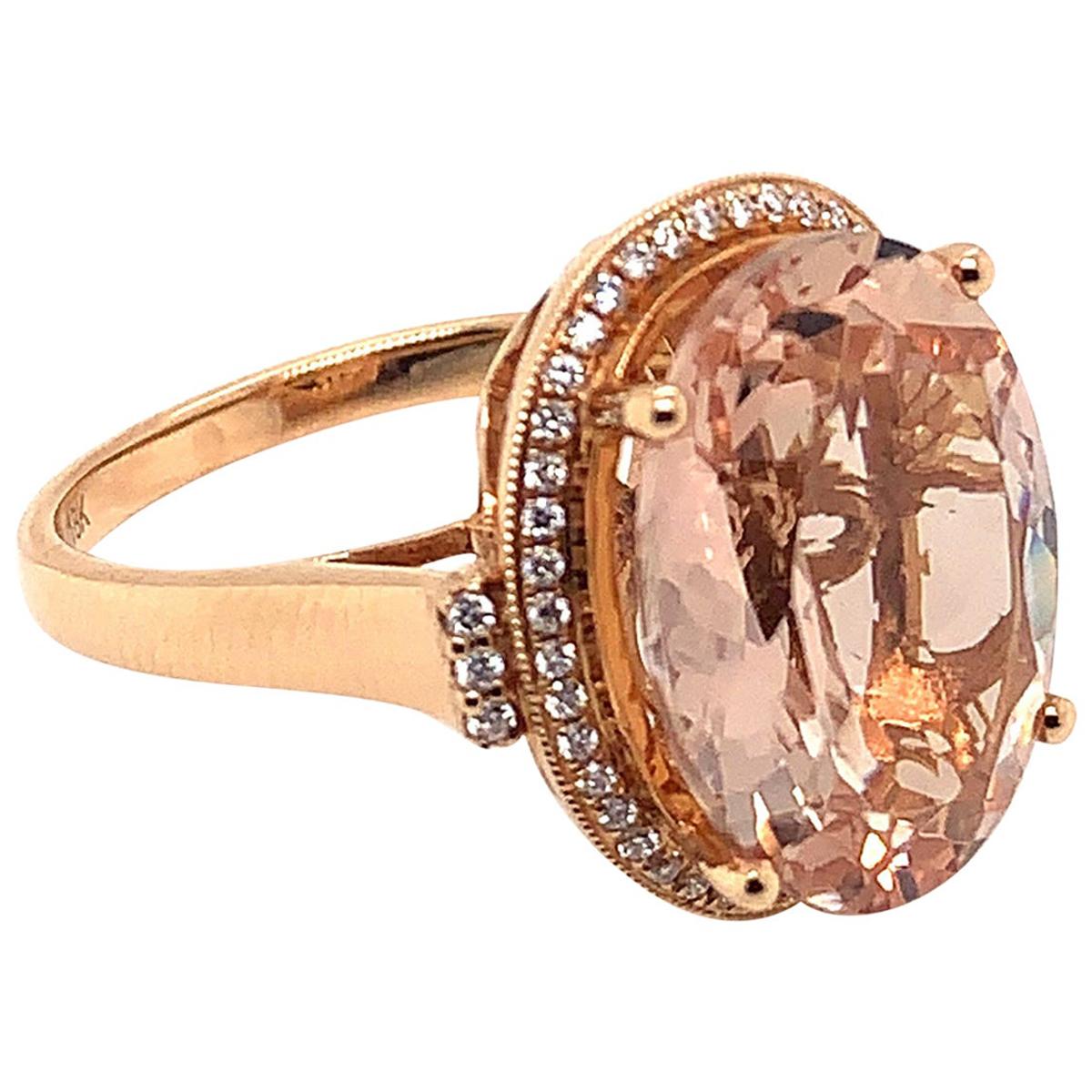 7.77 Carat Oval Shaped Morganite Ring in 18 Karat Rose Gold with Diamonds For Sale