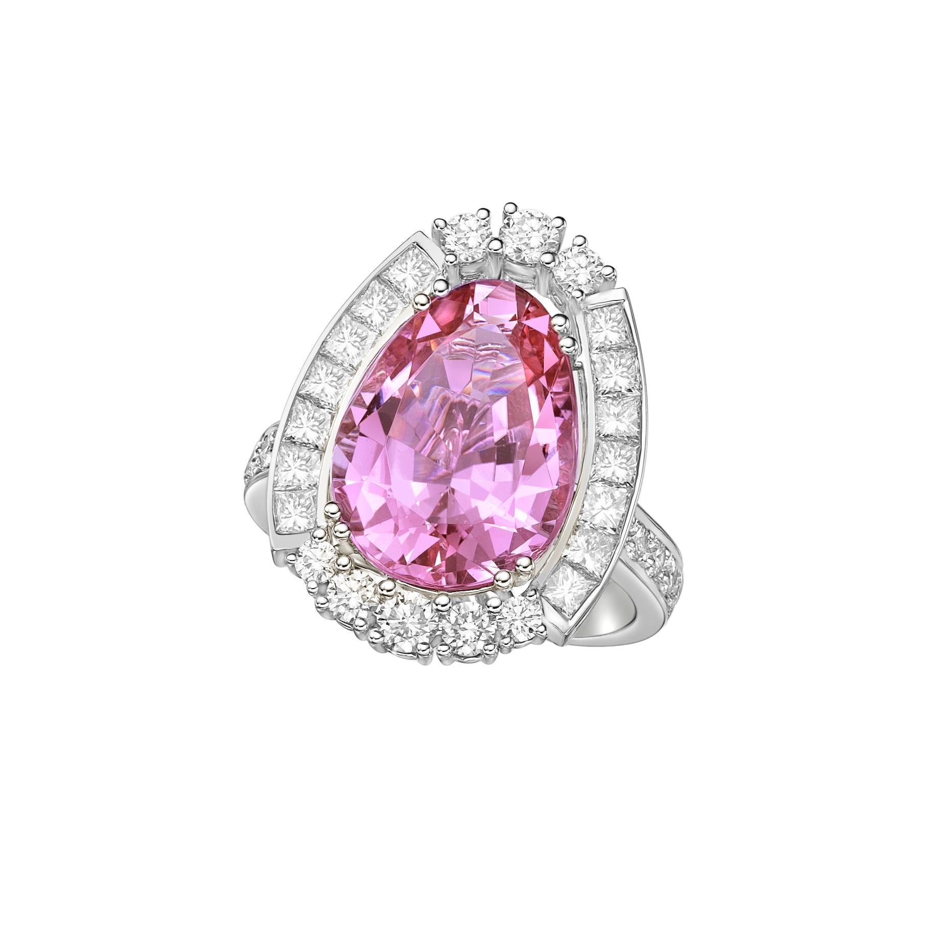Pear Cut 7.77 Carat Pink Tourmaline Ring in 18Karat White Gold with Diamond.  For Sale