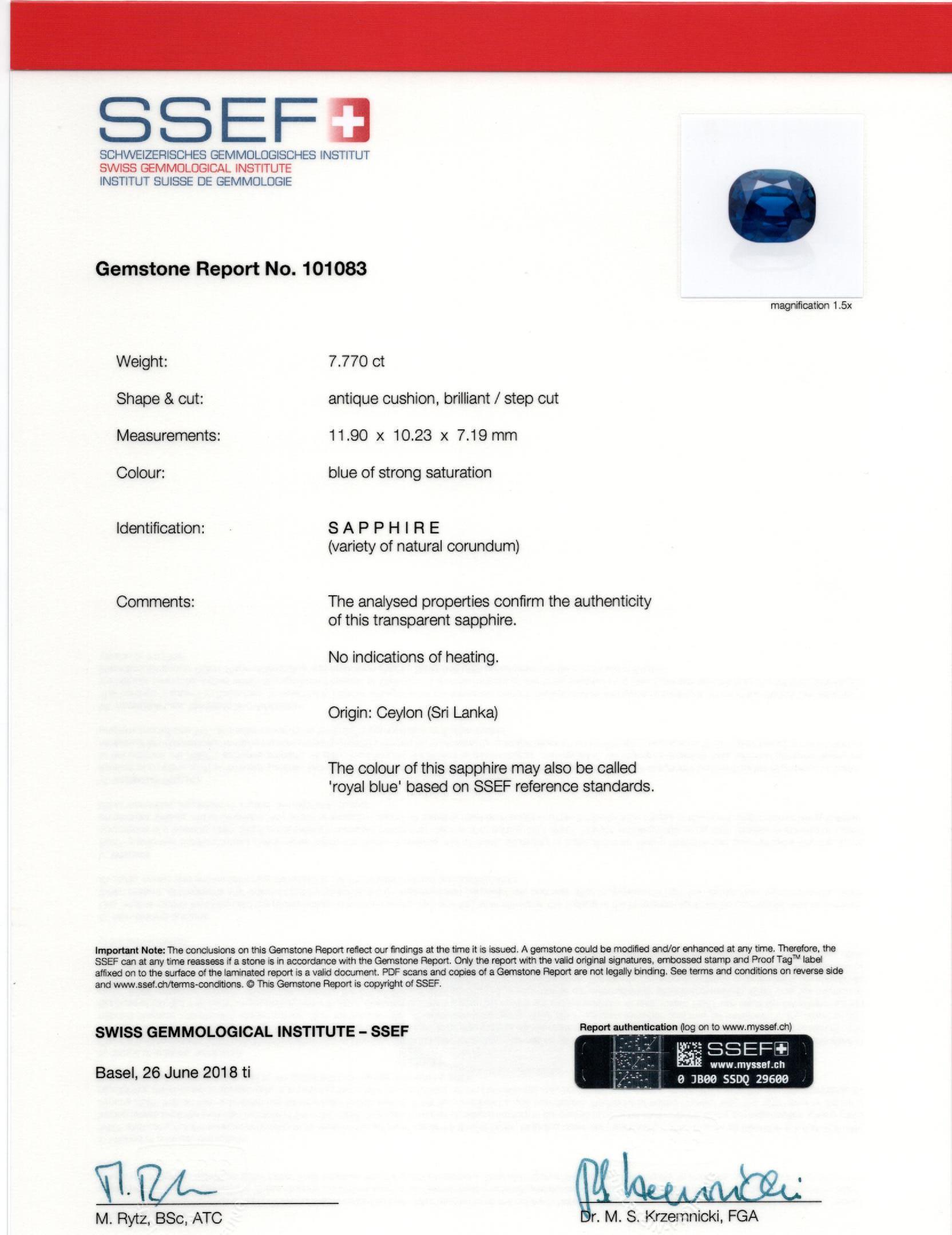 7.77 Carat Royal Blue Sapphire Ceylon No Heat Cushion Cut and Diamond 18K Ring In Good Condition For Sale In Miami, FL
