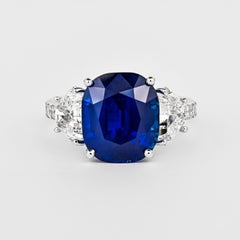 7.77 Carat Royal Blue Sapphire Ceylon No Heat Cushion Cut and Diamond 18K Ring