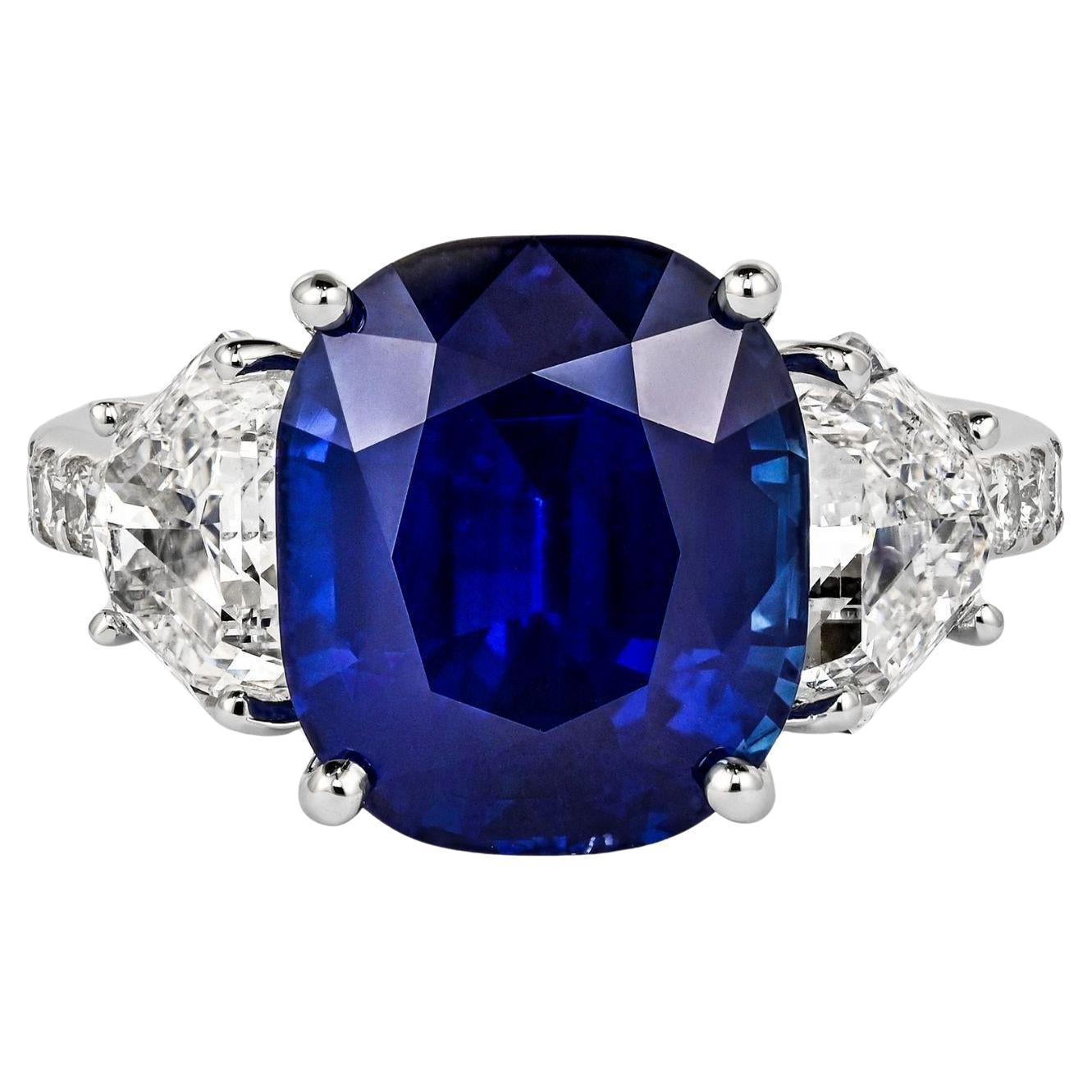 7.77 Carat Royal Blue Sapphire Ceylon No Heat Cushion Cut and Diamond 18K Ring