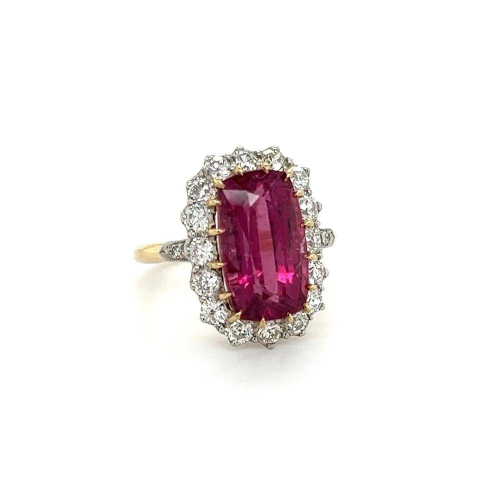 Simply Awesome! Red Rubellite Tourmaline and Diamond Platinum Ring. Centering a Hand set securely nestled, rectangular 7.77 Carat Rubelite Tourmaline. Surrounded by OEC Diamonds, approx. 1.71tcw. Beautifully Hand crafted Platinum on 18K Yellow Gold