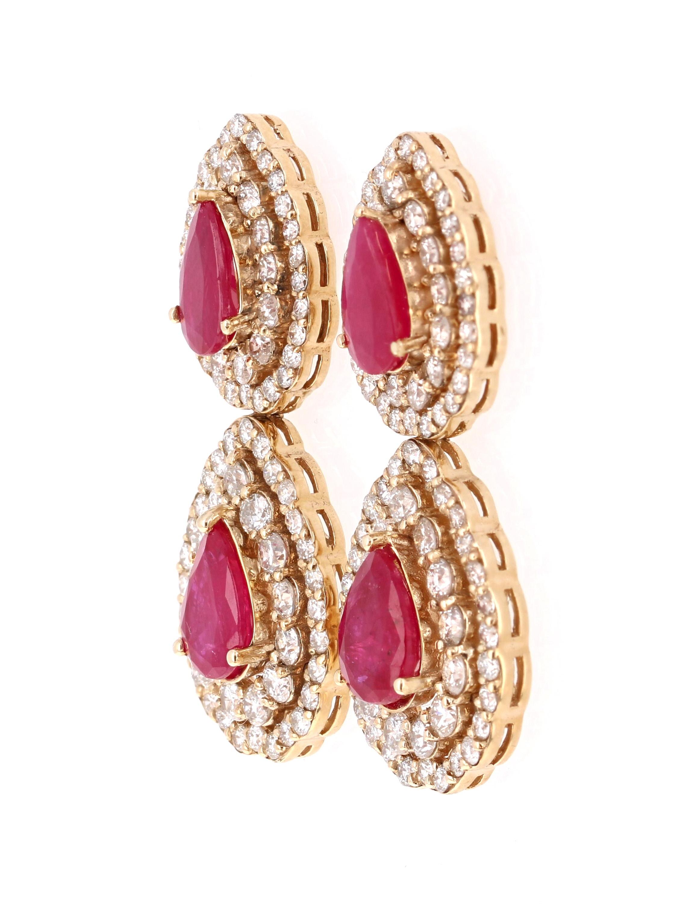 Contemporary 7.77 Carat Natural Ruby Diamond Yellow Gold Drop Earrings For Sale