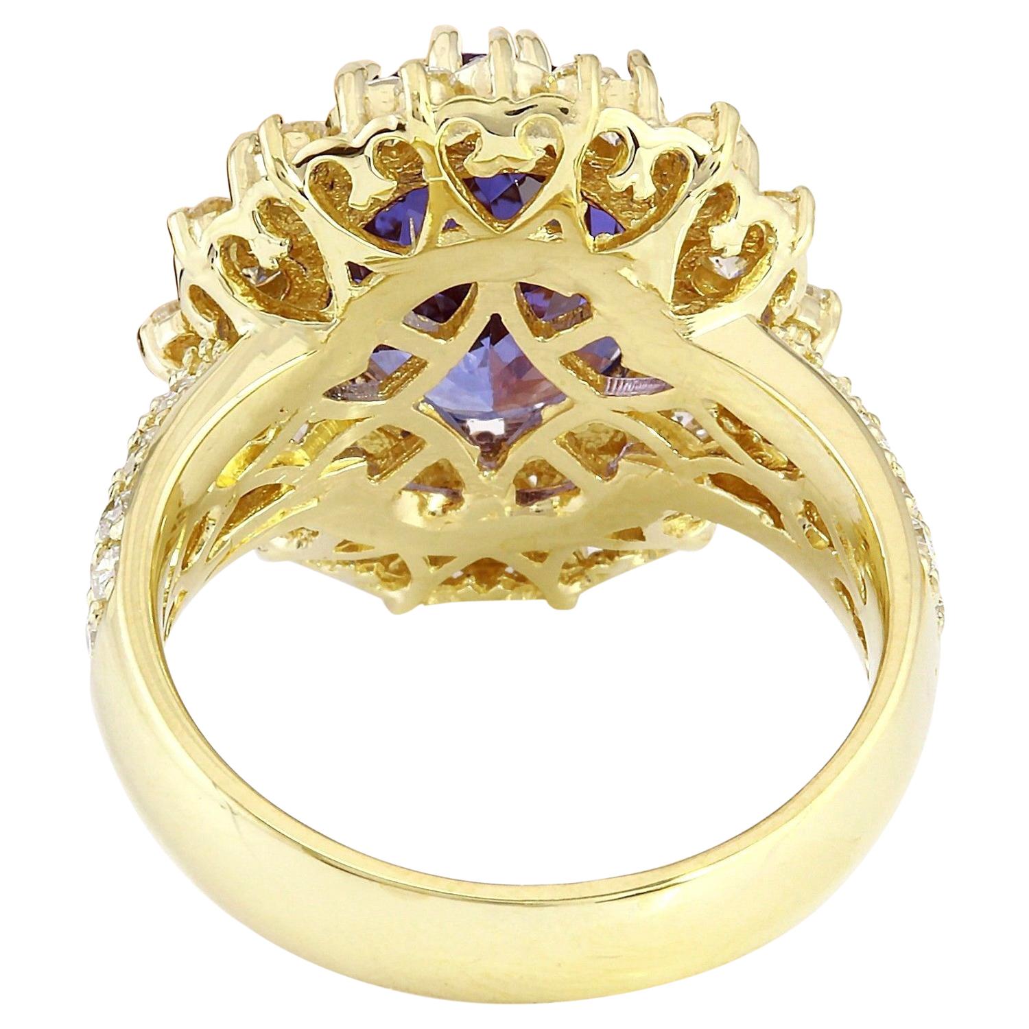 Modern Dazzling Natural Tanzanite Diamond Ring In 14 Karat Solid Yellow Gold  For Sale