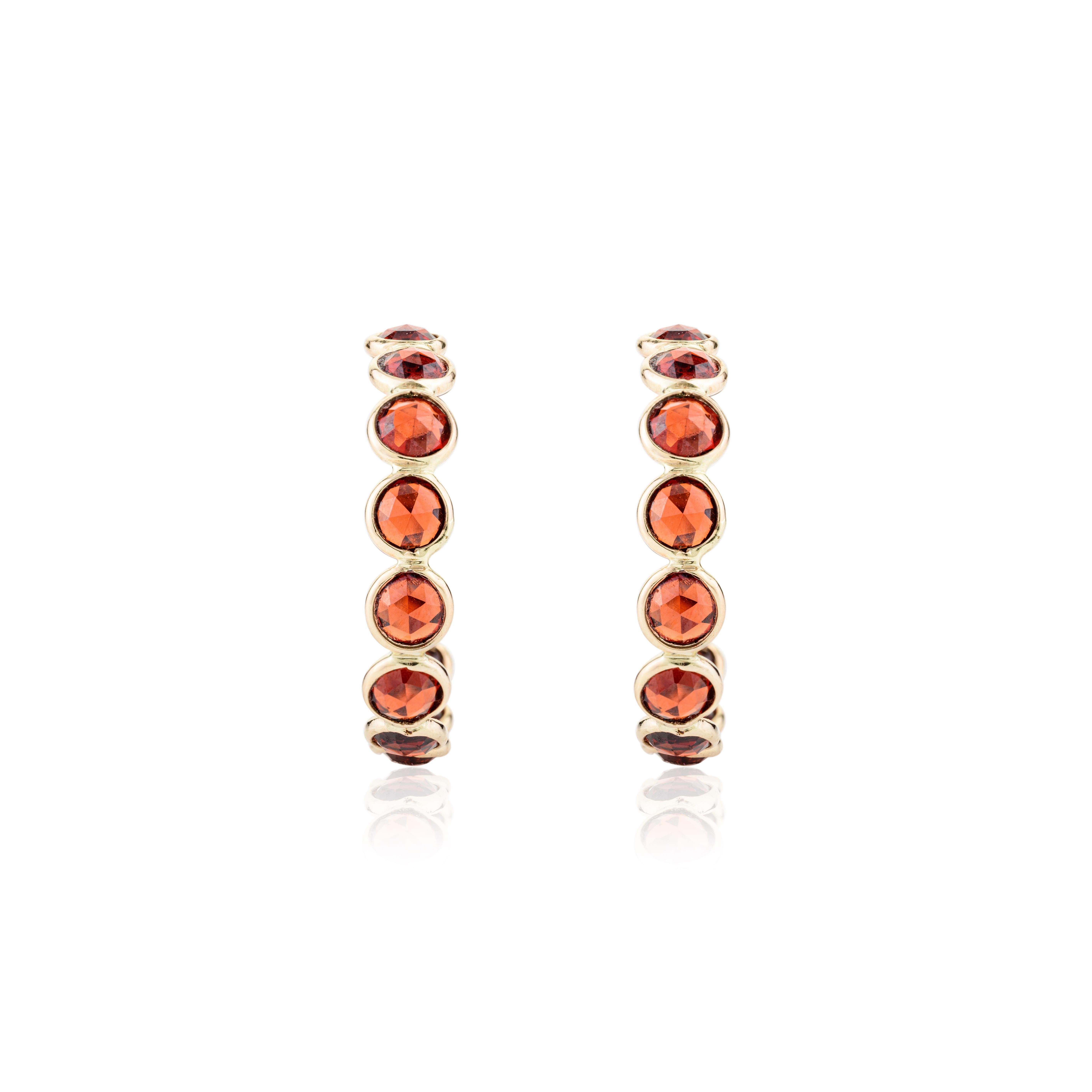 Art Deco 7.77 CTW Natural Round Garnet Hoop Earrings for Gift in 14k Solid Yellow Gold For Sale