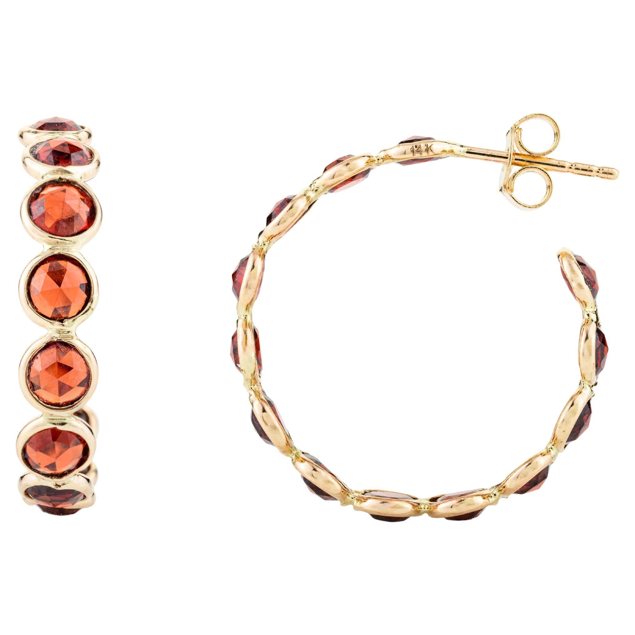 7.77 CTW Natural Round Garnet Hoop Earrings for Gift in 14k Solid Yellow Gold For Sale