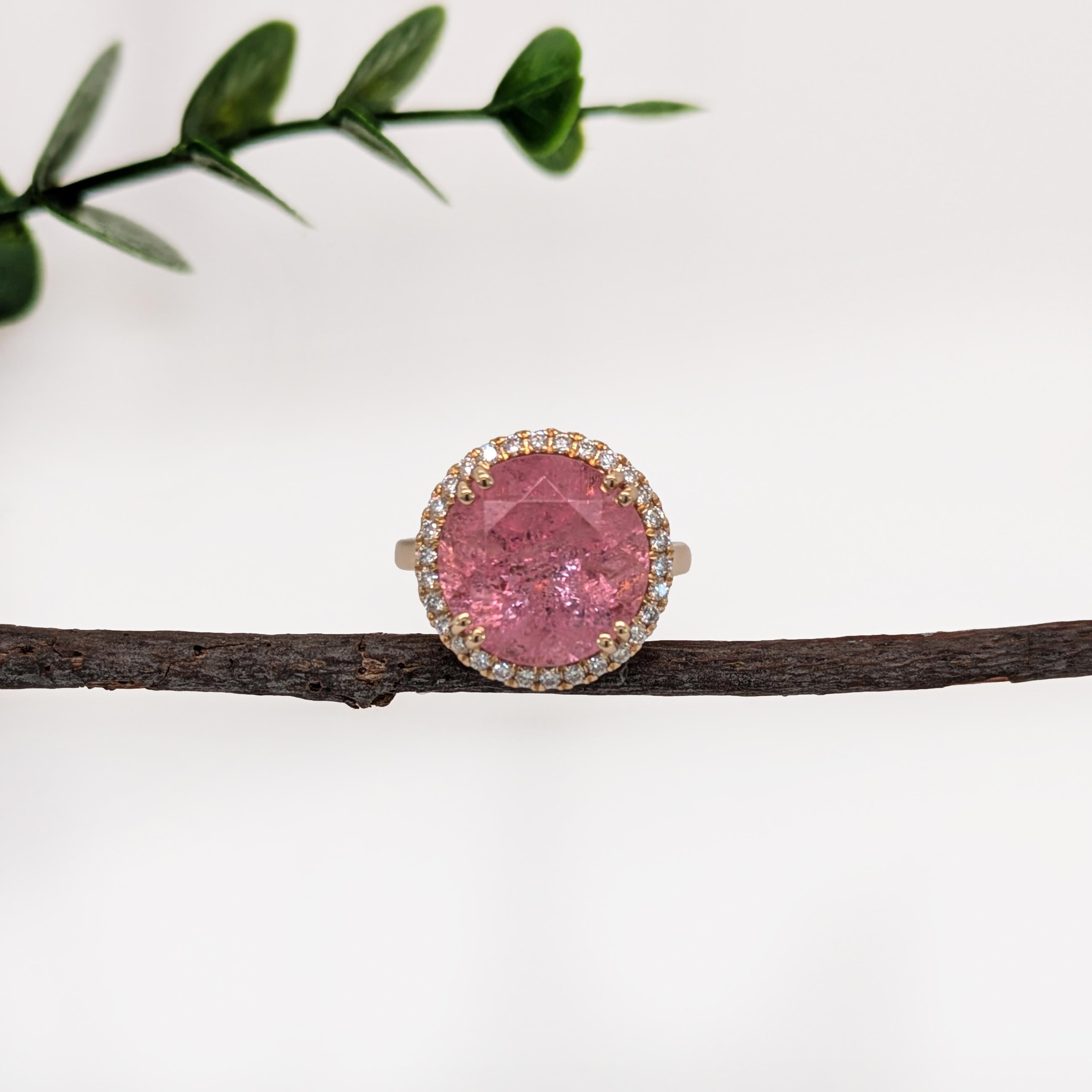 Contemporary 7.77cts Pink Tourmaline Diamond Halo Wedding Ring in 14K Gold  Round 12.8mm