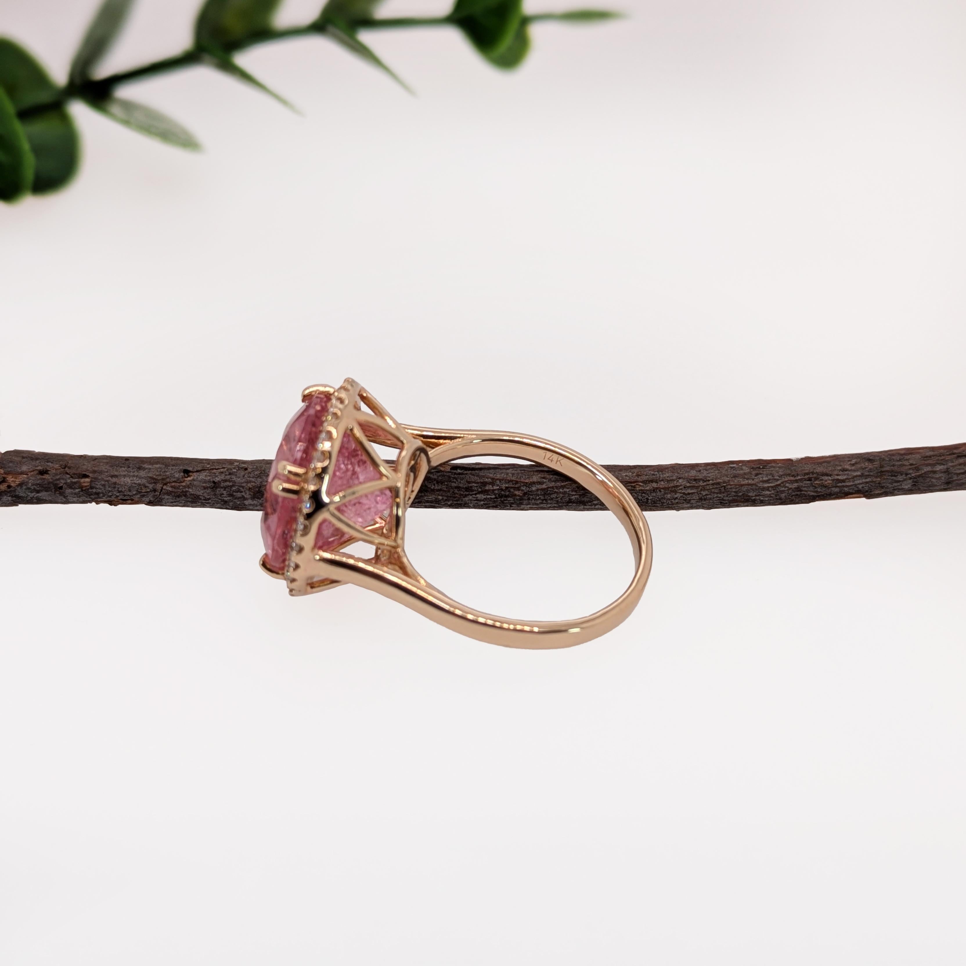 7.77cts Pink Tourmaline Diamond Halo Wedding Ring in 14K Gold  Round 12.8mm In New Condition In Columbus, OH