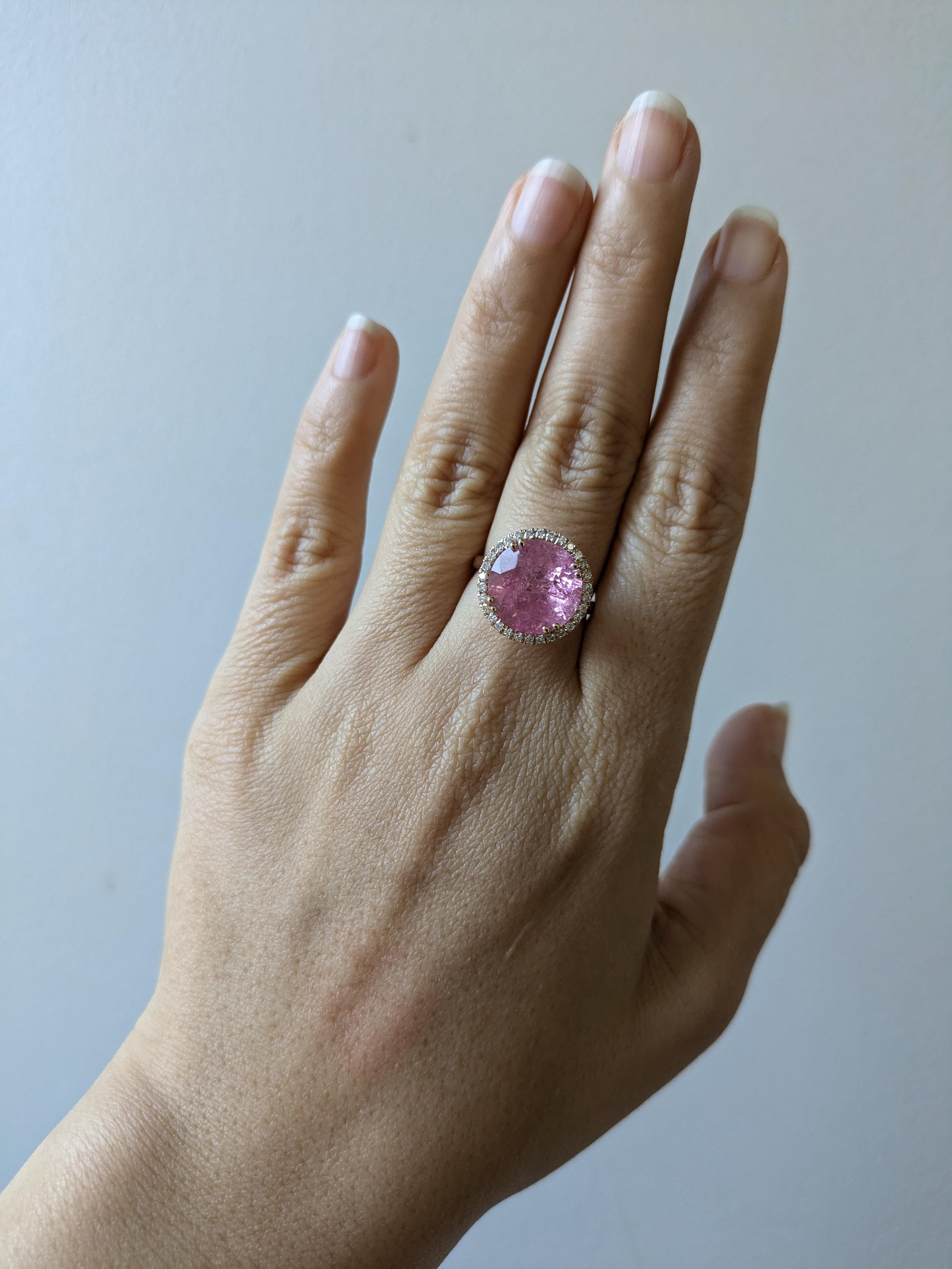 7.77cts Pink Tourmaline Diamond Halo Wedding Ring in 14K Gold  Round 12.8mm 1