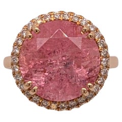 7.77cts Pink Tourmaline Diamond Halo Wedding Ring in 14K Gold  Round 12.8mm