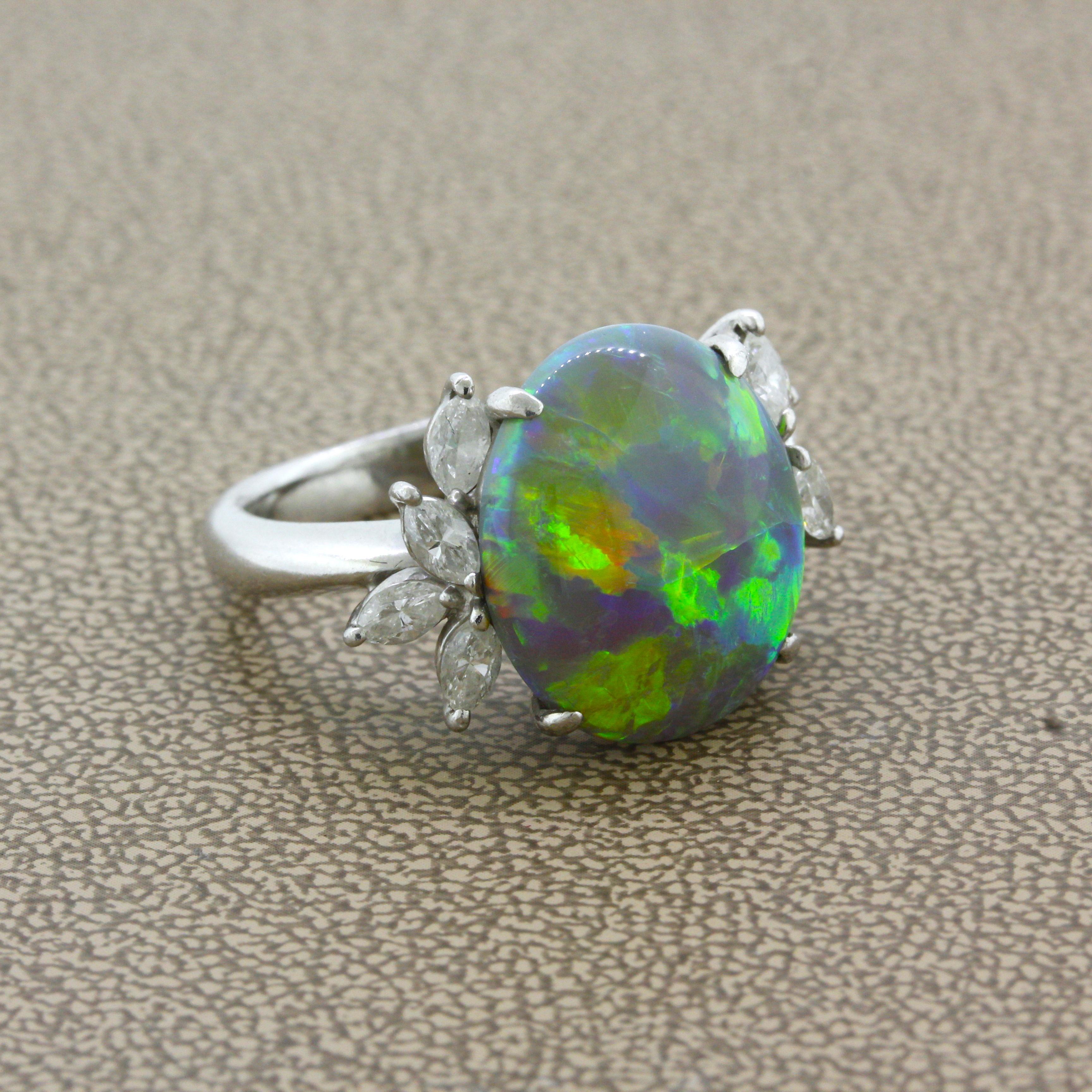 7.78 Carat Australian Black Crystal Opal Diamond Platinum Ring In New Condition For Sale In Beverly Hills, CA