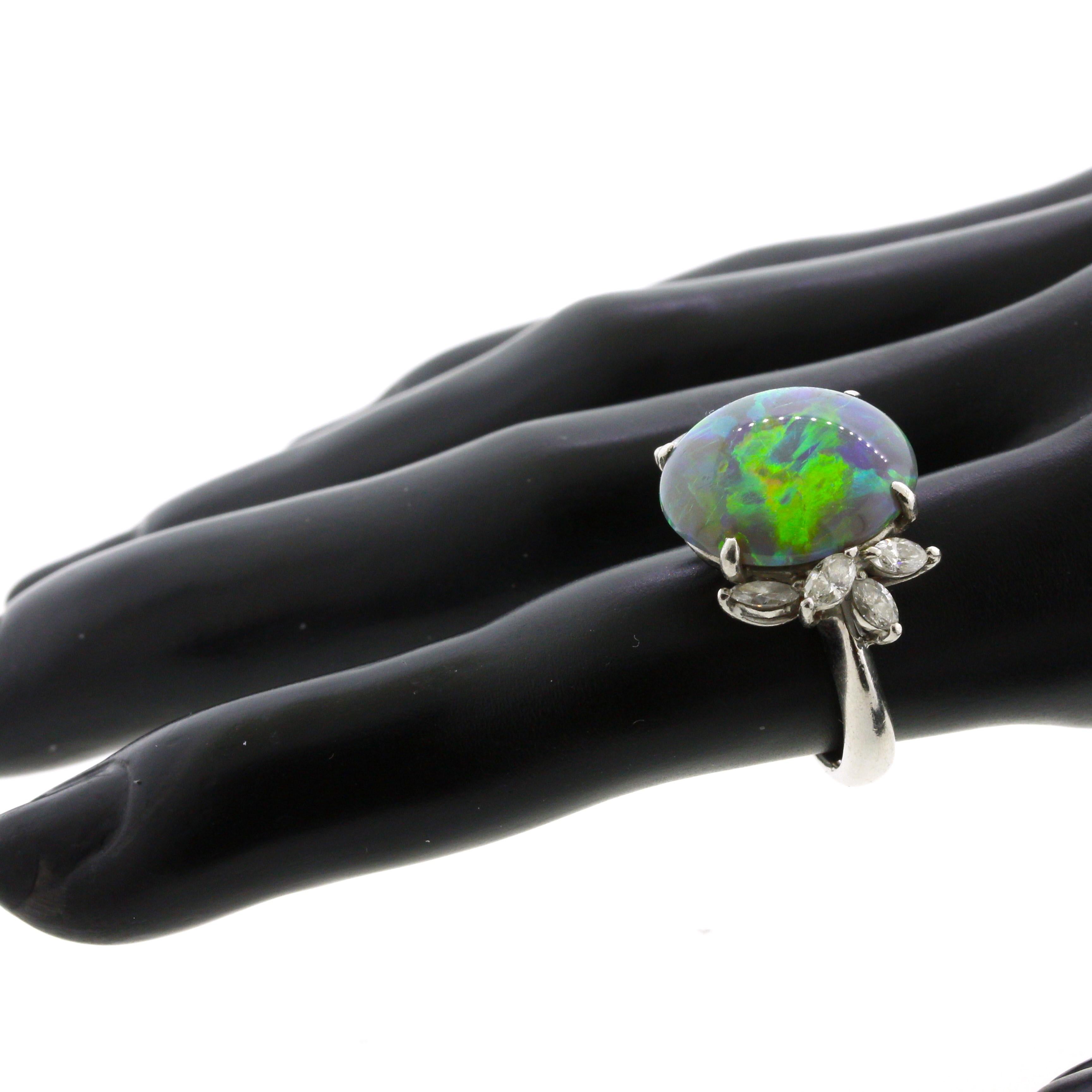 Women's 7.78 Carat Australian Black Crystal Opal Diamond Platinum Ring For Sale