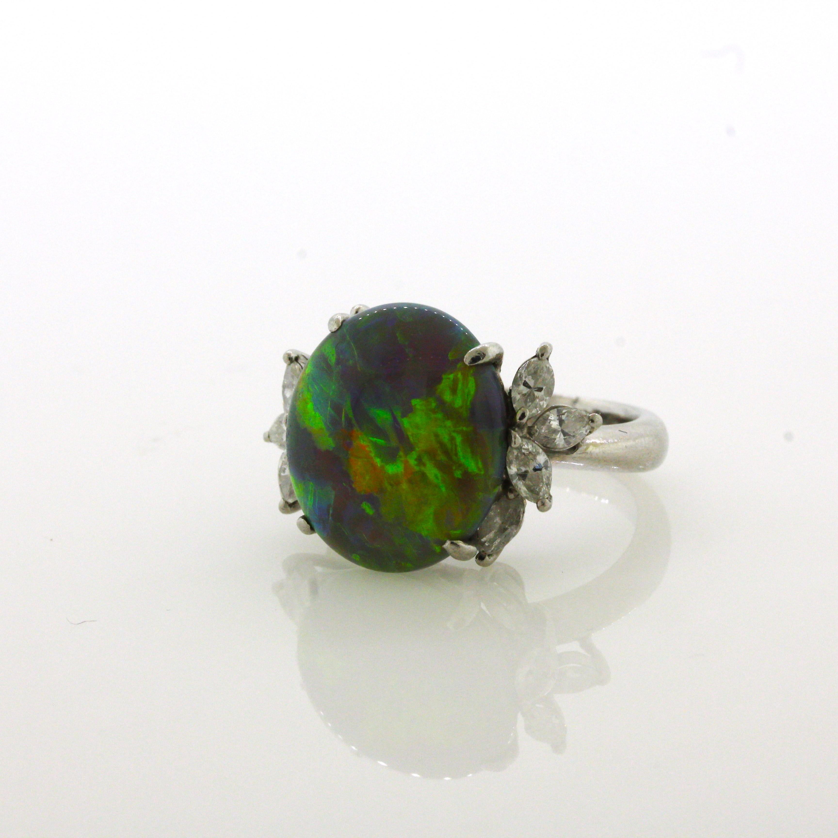 7.78 Carat Australian Black Crystal Opal Diamond Platinum Ring For Sale 3