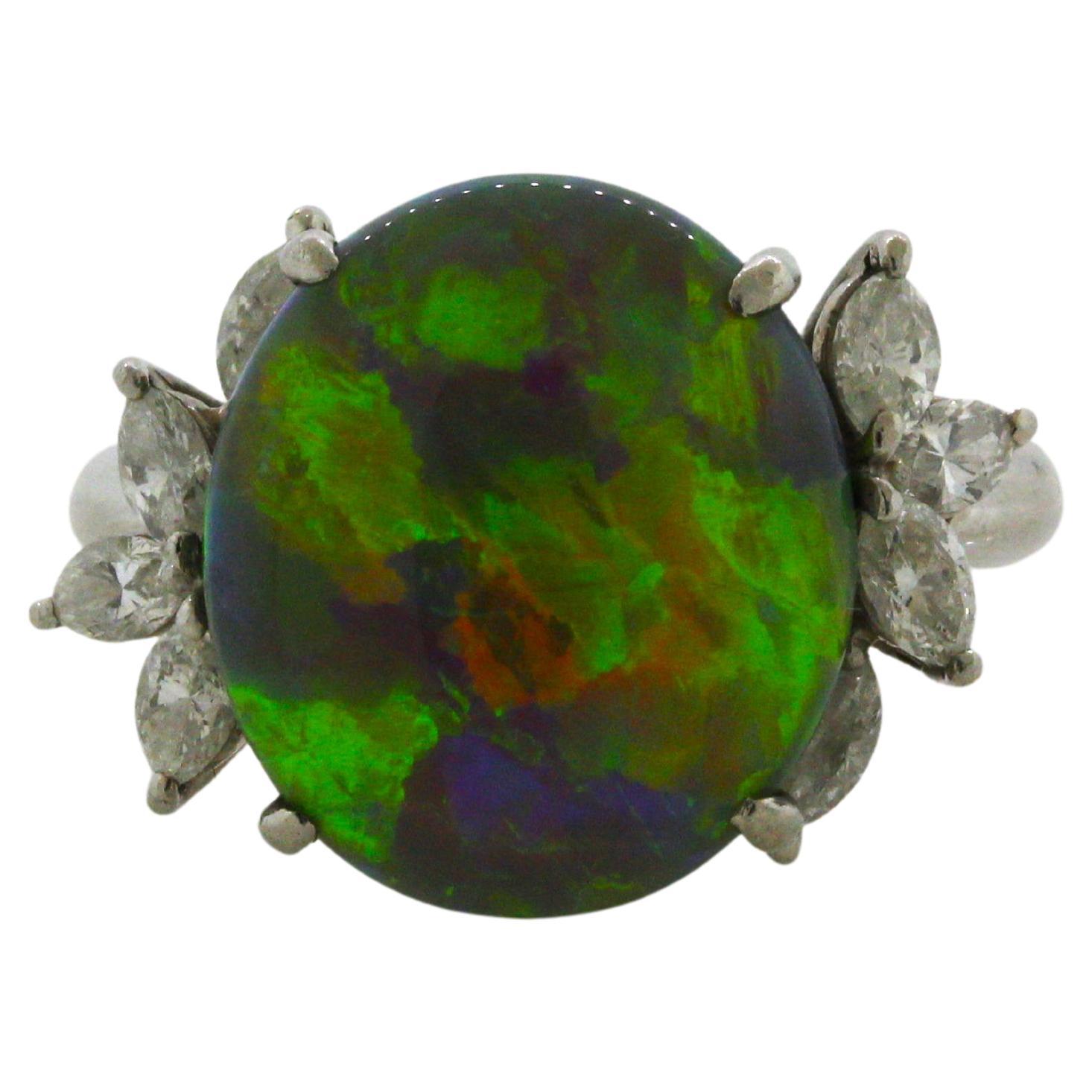 7.78 Carat Australian Black Crystal Opal Diamond Platinum Ring