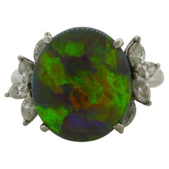 7.78 Carat Australian Black Crystal Opal Diamond Platinum Ring