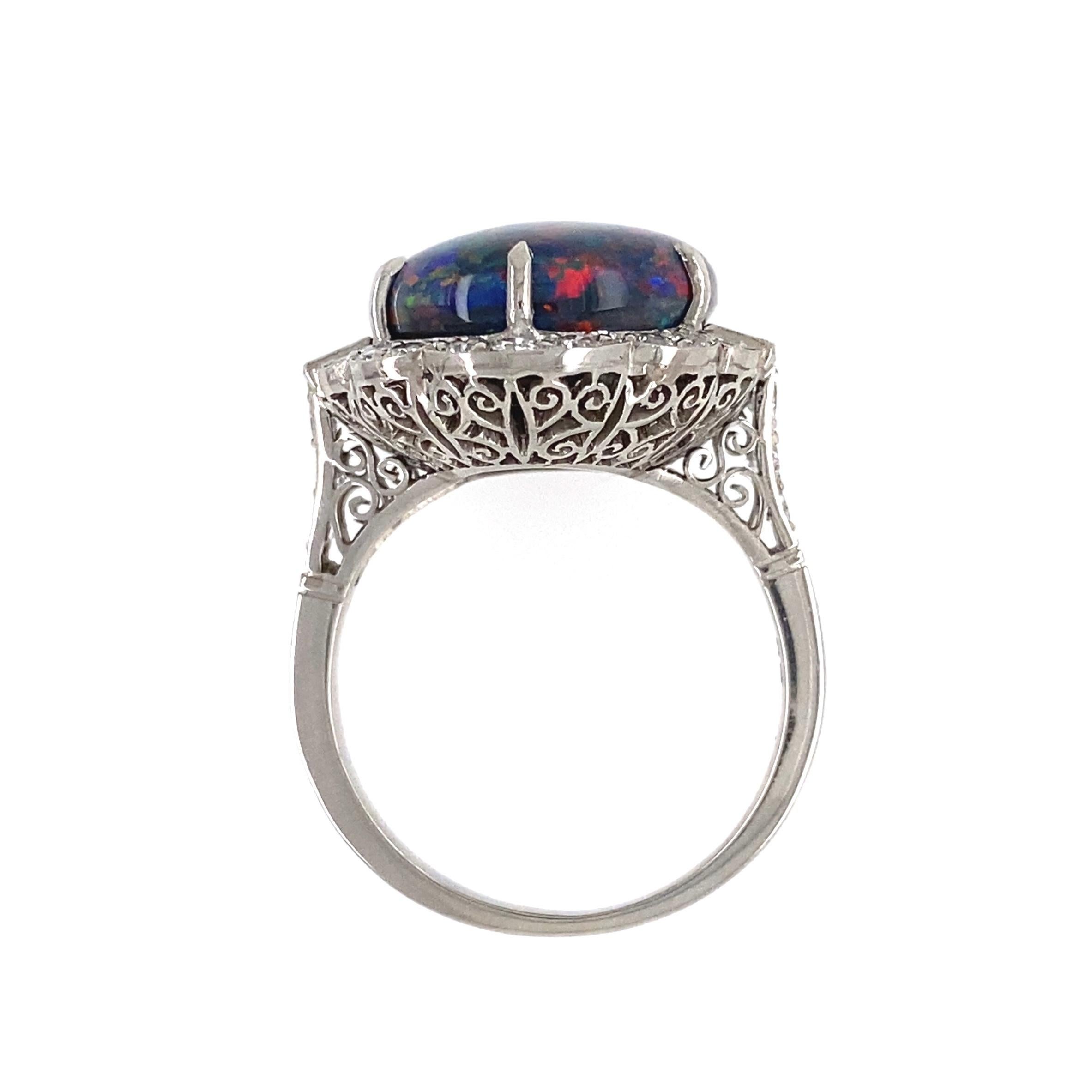 7.78 Carat Black Opal Diamond Platinum Art Deco Ring Estate Fine Jewelry In Excellent Condition For Sale In Montreal, QC