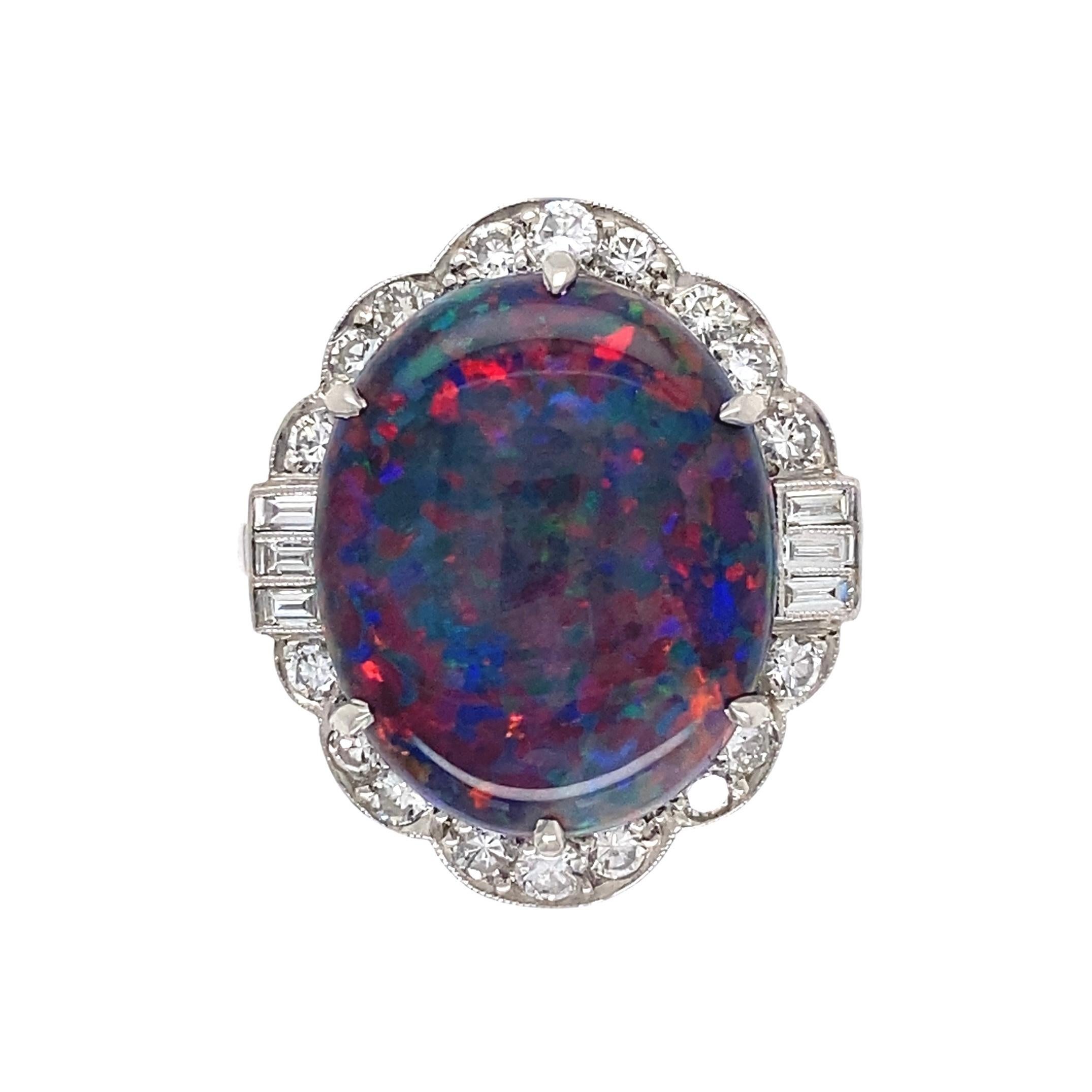 Women's 7.78 Carat Black Opal Diamond Platinum Art Deco Ring Estate Fine Jewelry For Sale