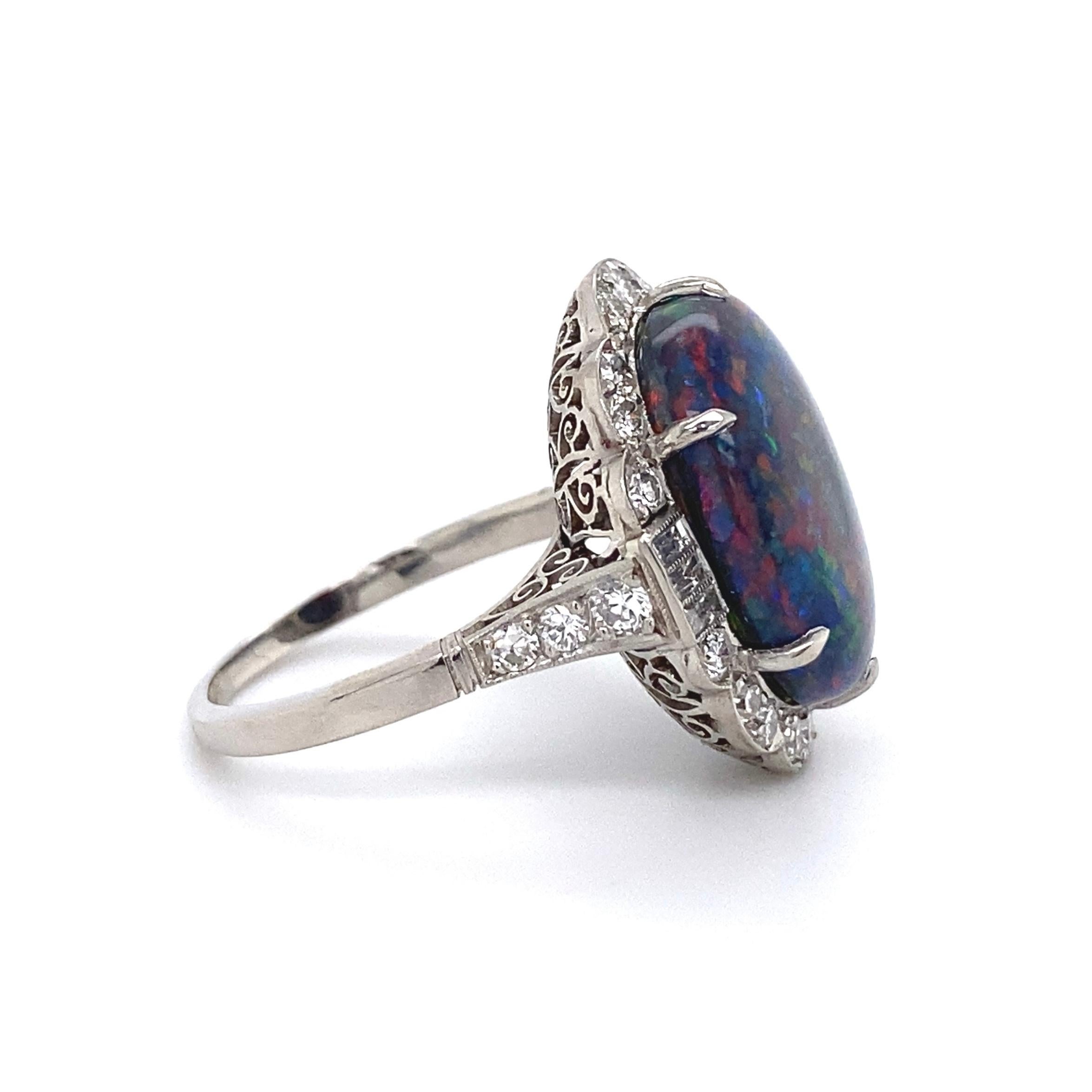 7.78 Carat Black Opal Diamond Platinum Art Deco Ring Estate Fine Jewelry For Sale 1