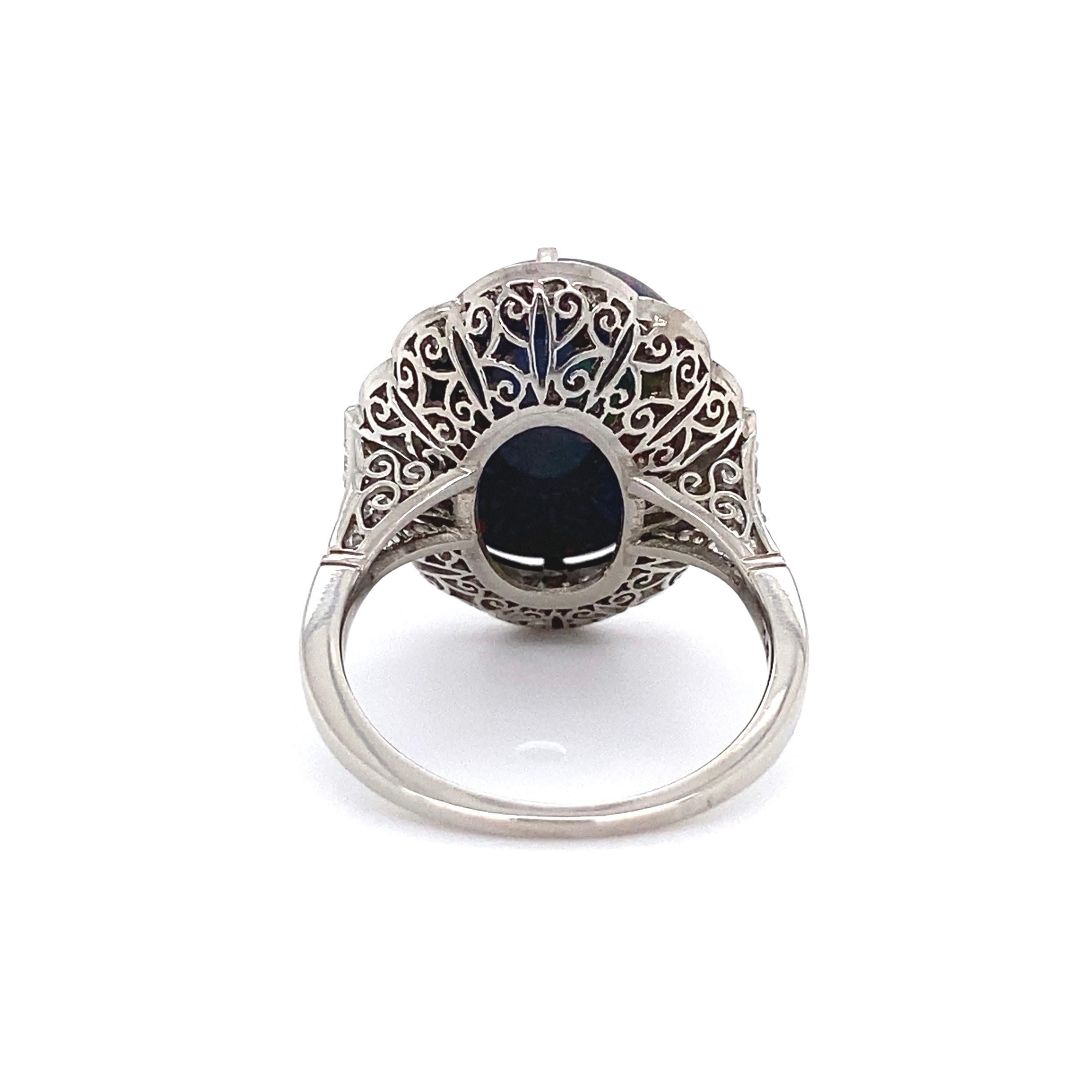 7.78 Carat Black Opal Diamond Platinum Art Deco Ring Estate Fine Jewelry For Sale 2