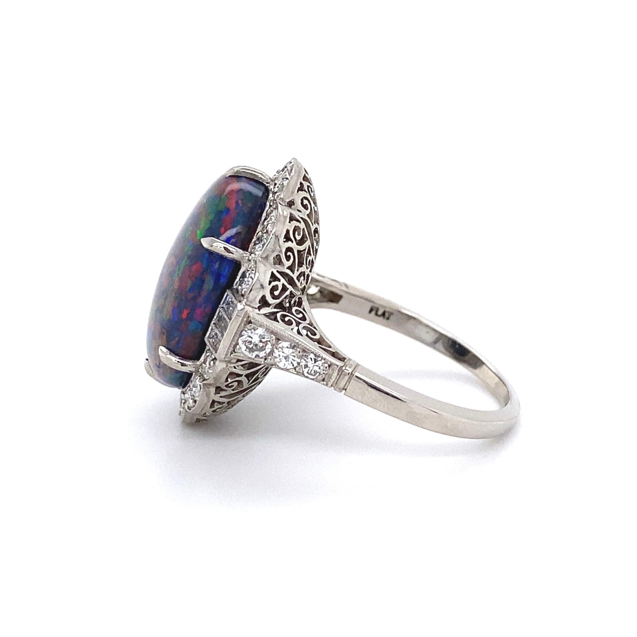 7.78 Carat Black Opal Diamond Platinum Art Deco Ring Estate Fine Jewelry For Sale 3