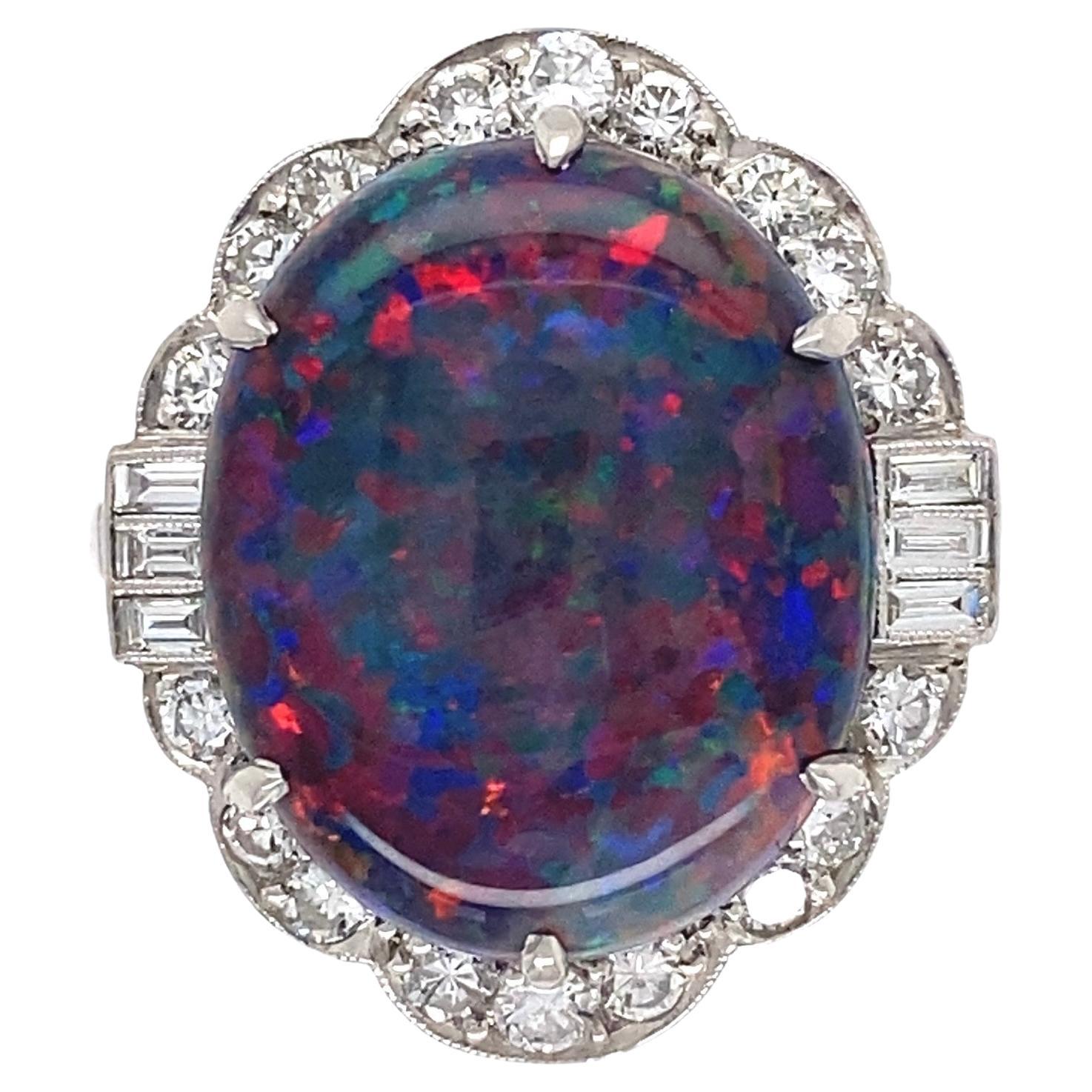 7.78 Carat Black Opal Diamond Platinum Art Deco Ring Estate Fine Jewelry For Sale