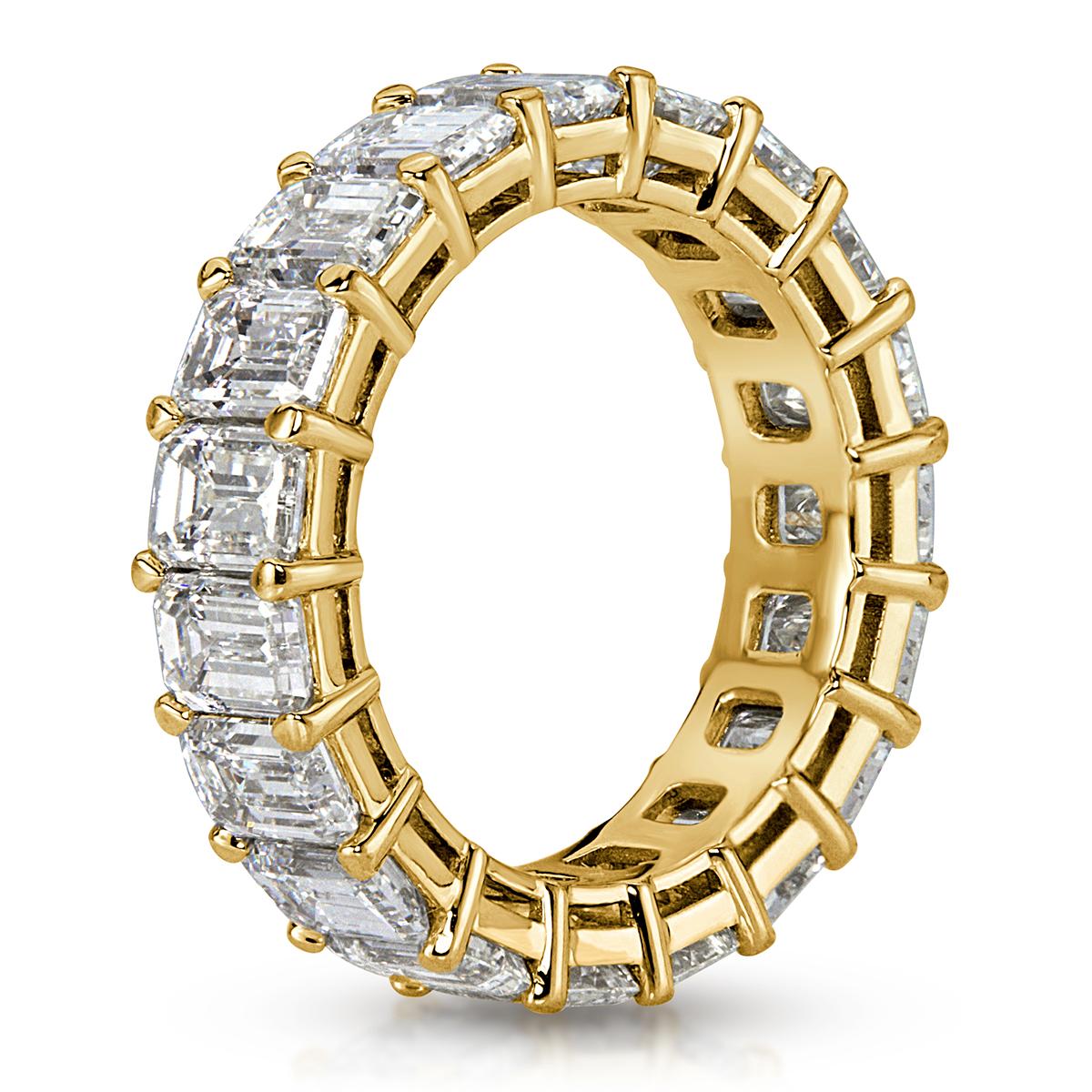 Handcrafted in 18k yellow gold, this stunning diamond eternity band showcases 7.78ct of impeccably matched emerald cut diamonds graded at E-F in color, VVS2-VS1 in clarity. All eternity bands are shown in a size 6.5. We custom craft each eternity