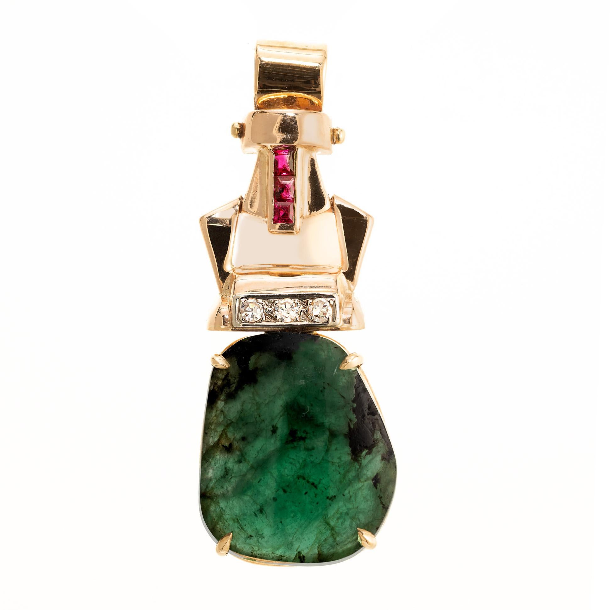 Art Deco Retro 1940's Emerald diamond and ruby pendant. Green natural emerald slice in 14k rose gold, with 3 single cut diamonds and 3 square cut rubies in a rose gold hinged bail.  

1 natural green Emerald crystal slice, approx. total weight