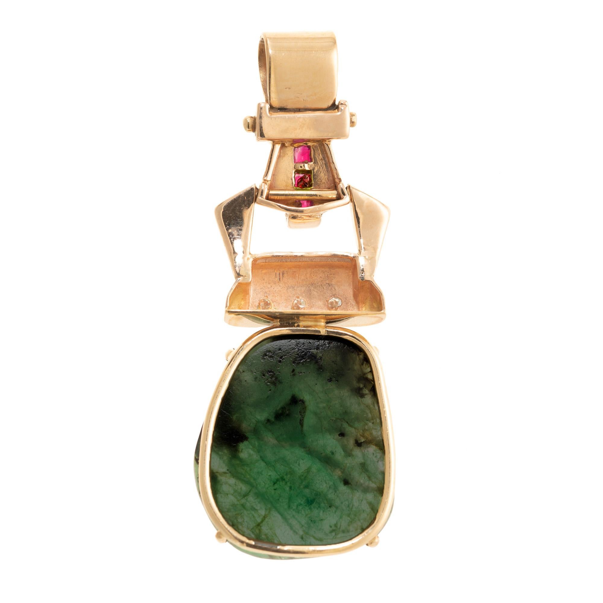 7.78 Carat Emerald Diamond Ruby Rose Gold Art Deco Pendant In Good Condition For Sale In Stamford, CT