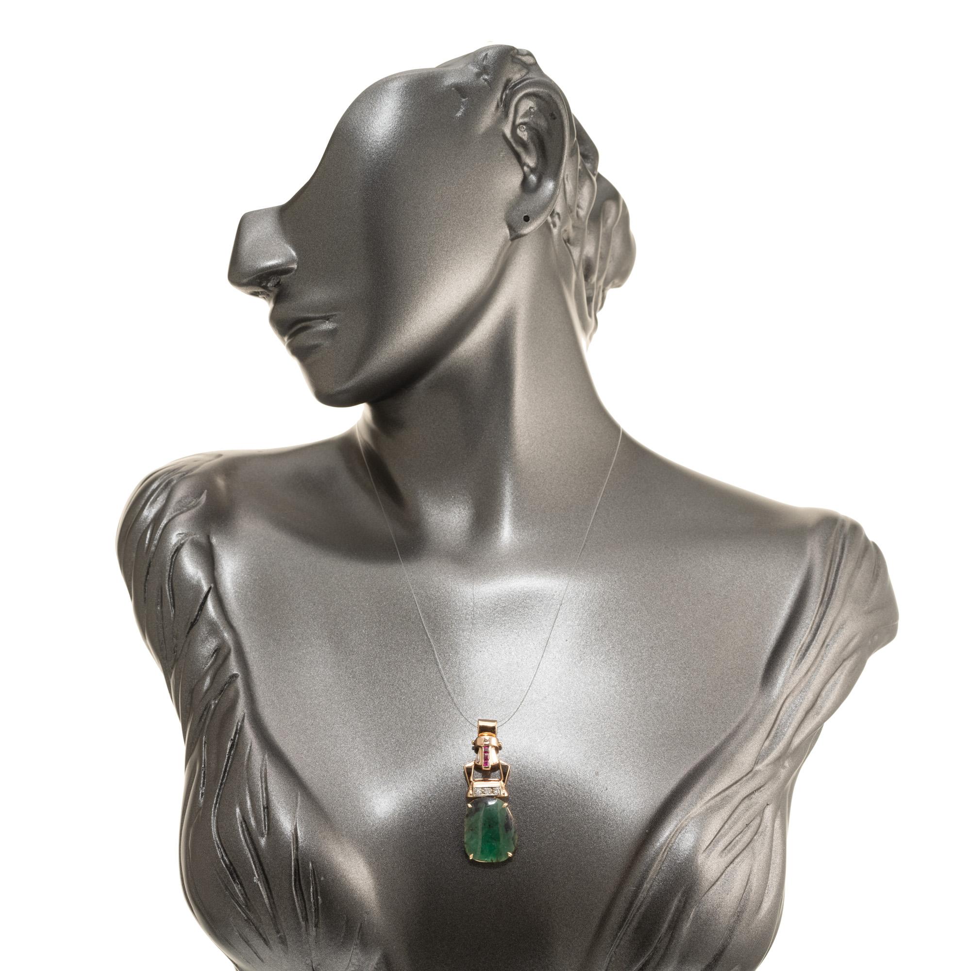 Women's 7.78 Carat Emerald Diamond Ruby Rose Gold Art Deco Pendant For Sale