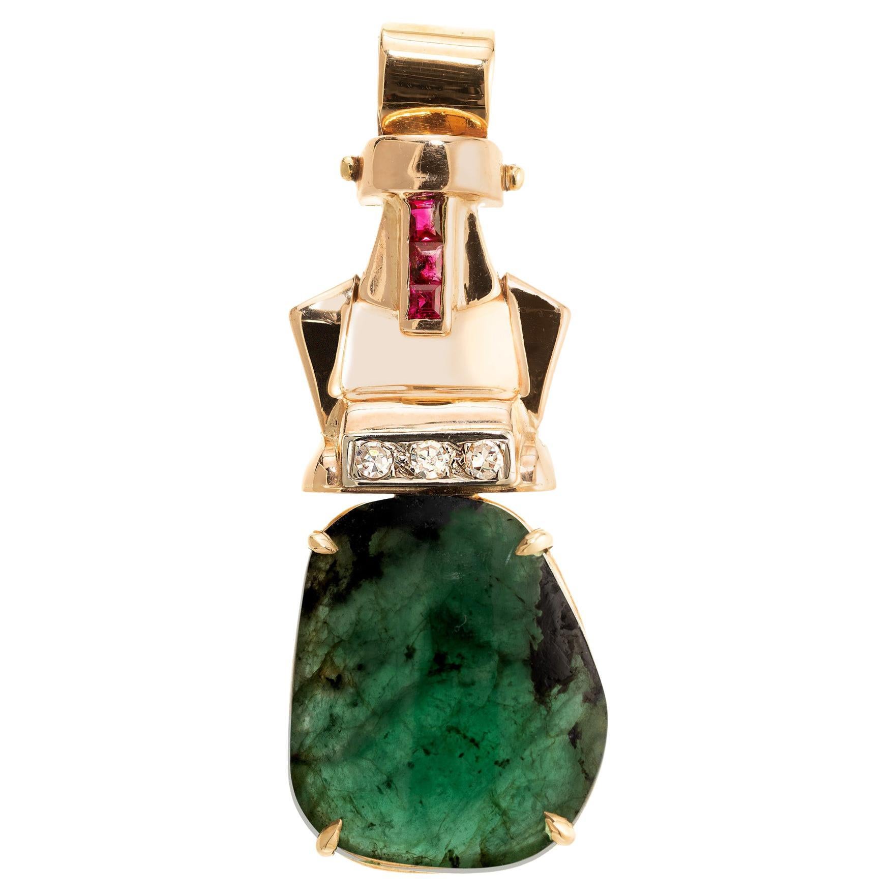 7.78 Carat Emerald Diamond Ruby Rose Gold Art Deco Pendant For Sale