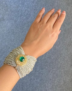 7.78 Carat Emerald, Yellow Diamond and Pearl Beaded Multistrand Bracelet