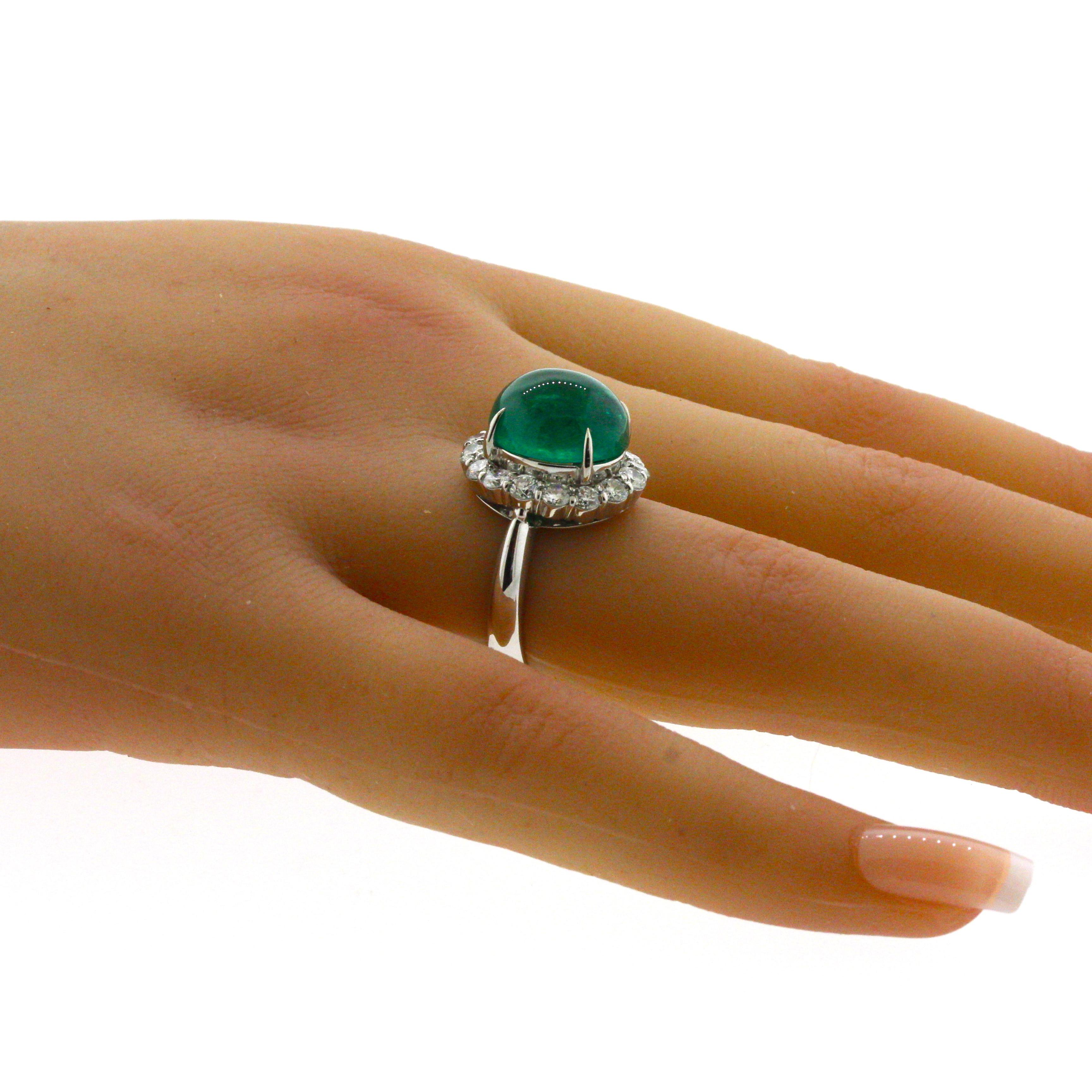 7.78 Carat Gem Cabochon Emerald Diamond Platinum Ring For Sale 8