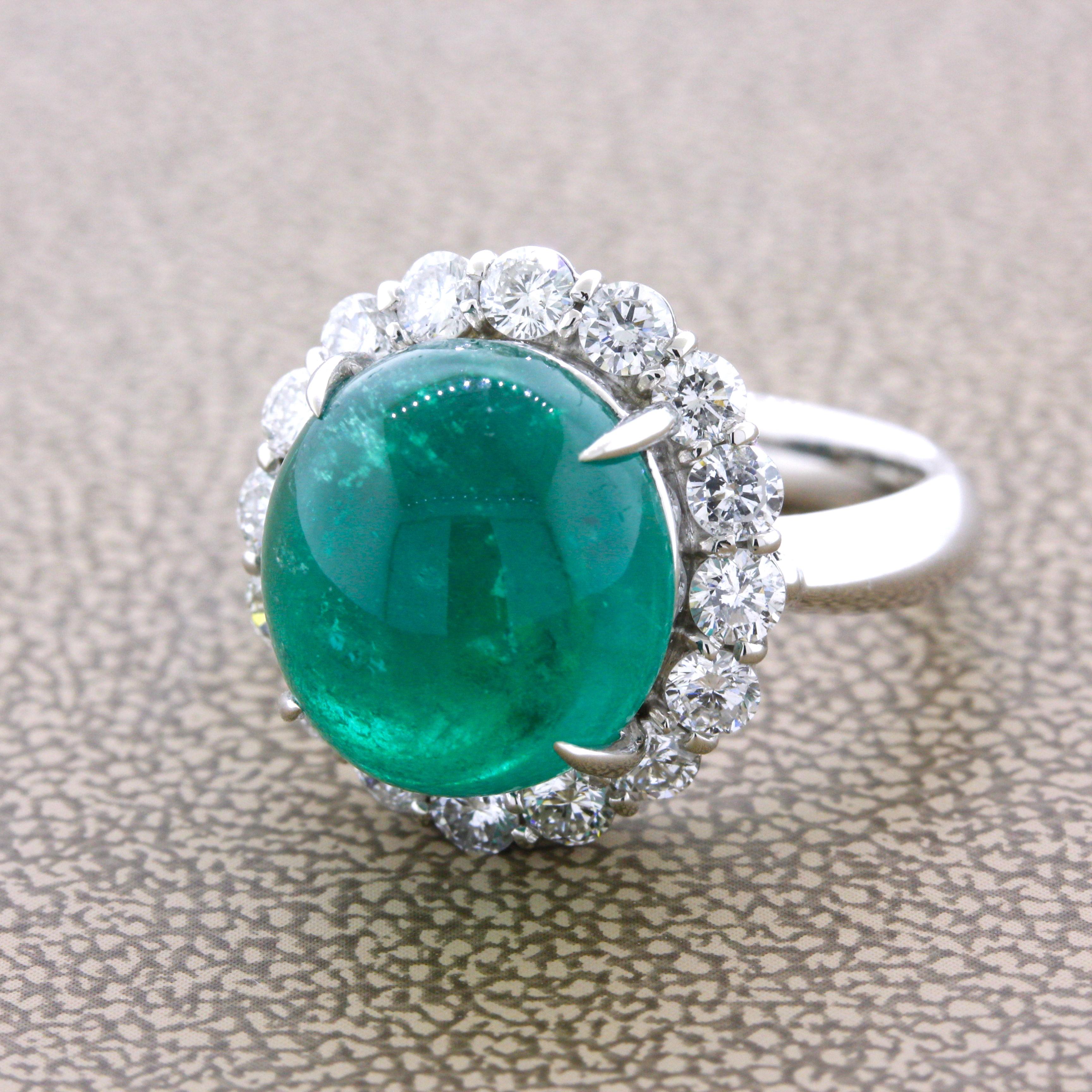 7.78 Carat Gem Cabochon Emerald Diamond Platinum Ring In New Condition For Sale In Beverly Hills, CA