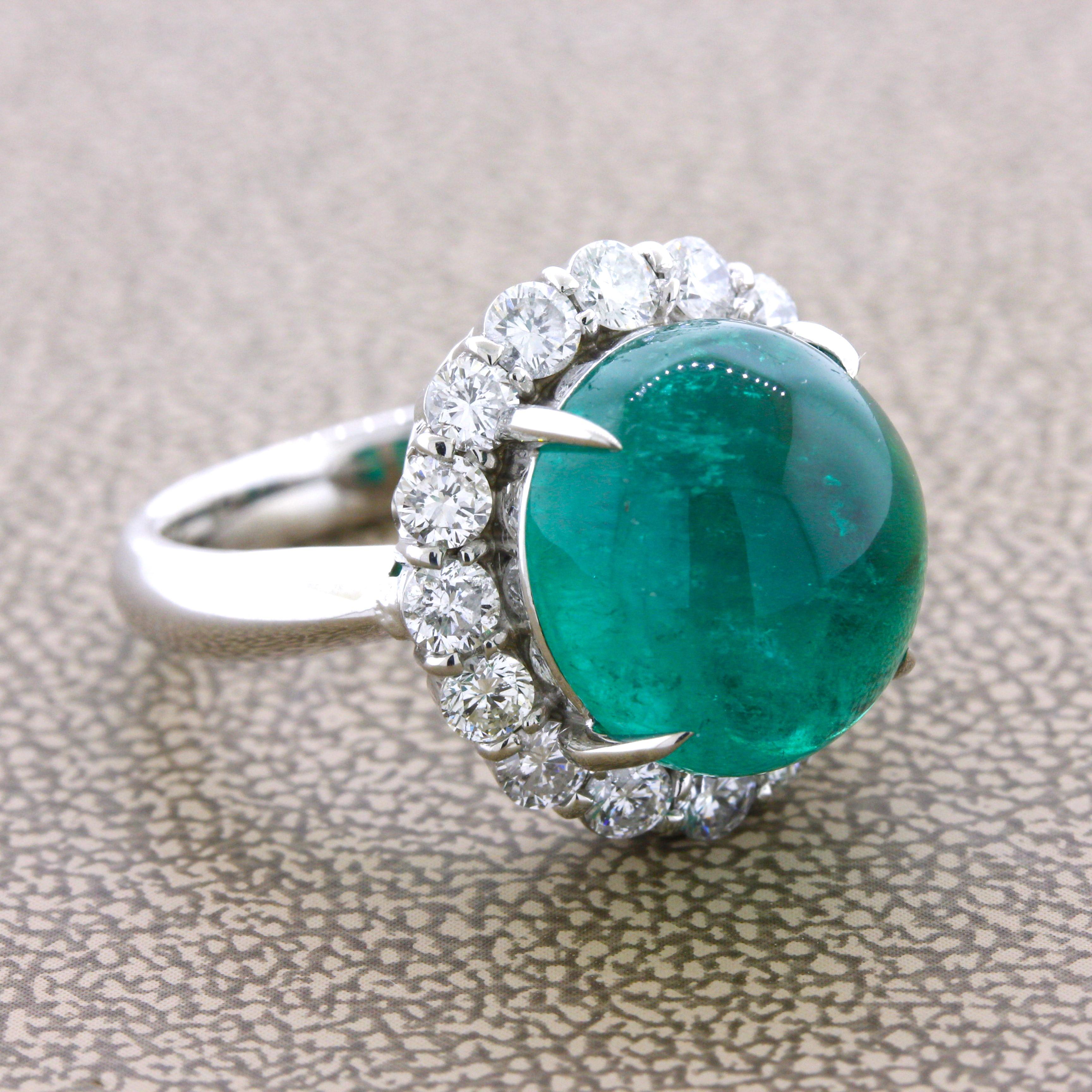 Women's 7.78 Carat Gem Cabochon Emerald Diamond Platinum Ring For Sale