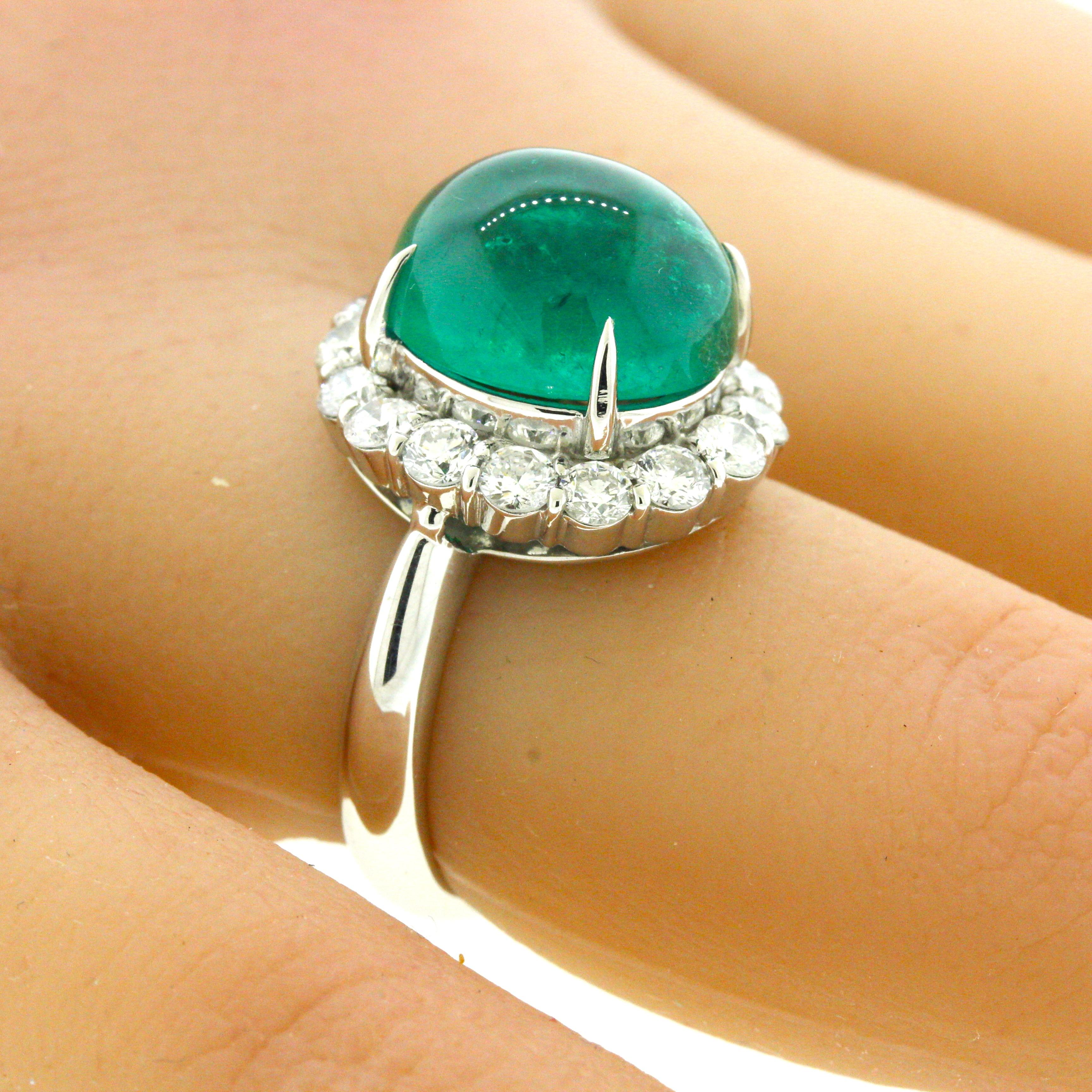 7.78 Carat Gem Cabochon Emerald Diamond Platinum Ring For Sale 1