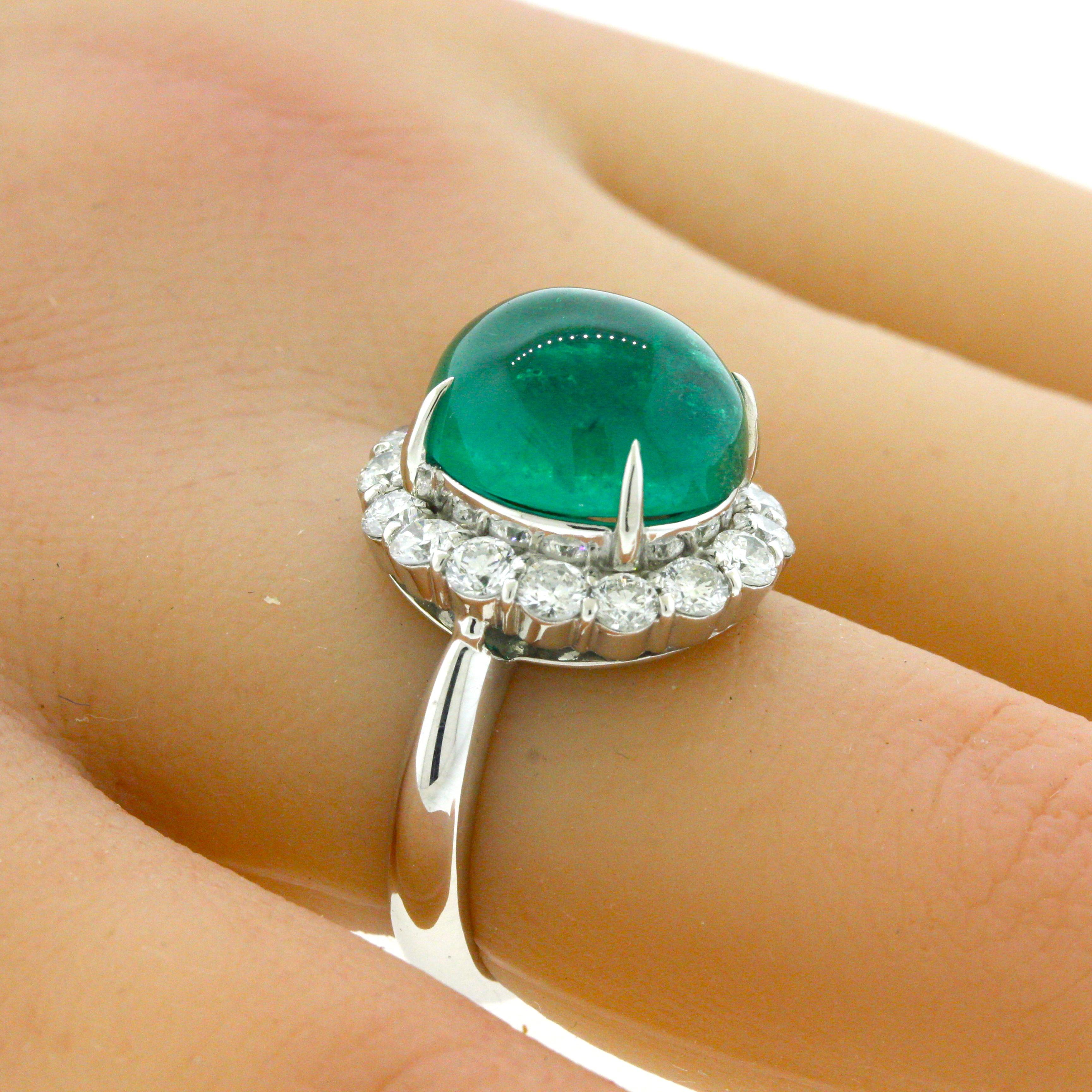 7.78 Carat Gem Cabochon Emerald Diamond Platinum Ring For Sale 2