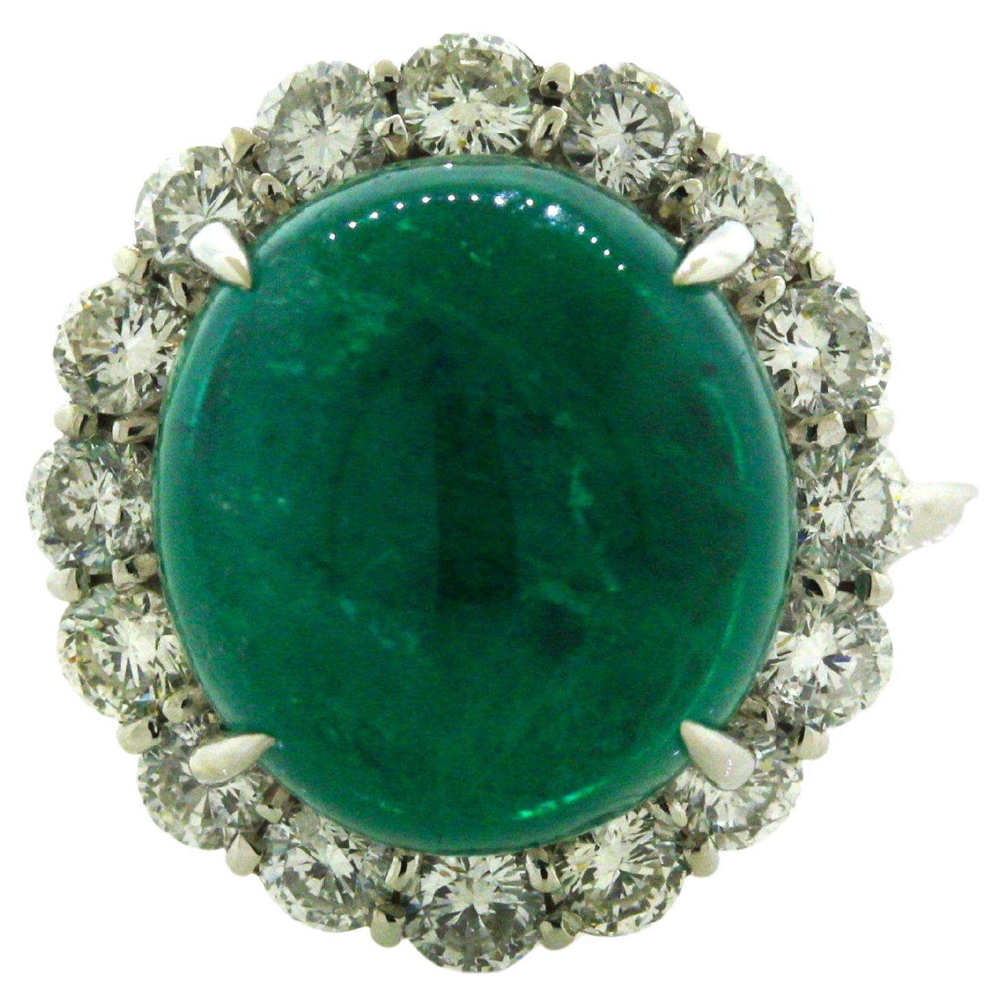 7.78 Carat Gem Cabochon Emerald Diamond Platinum Ring For Sale