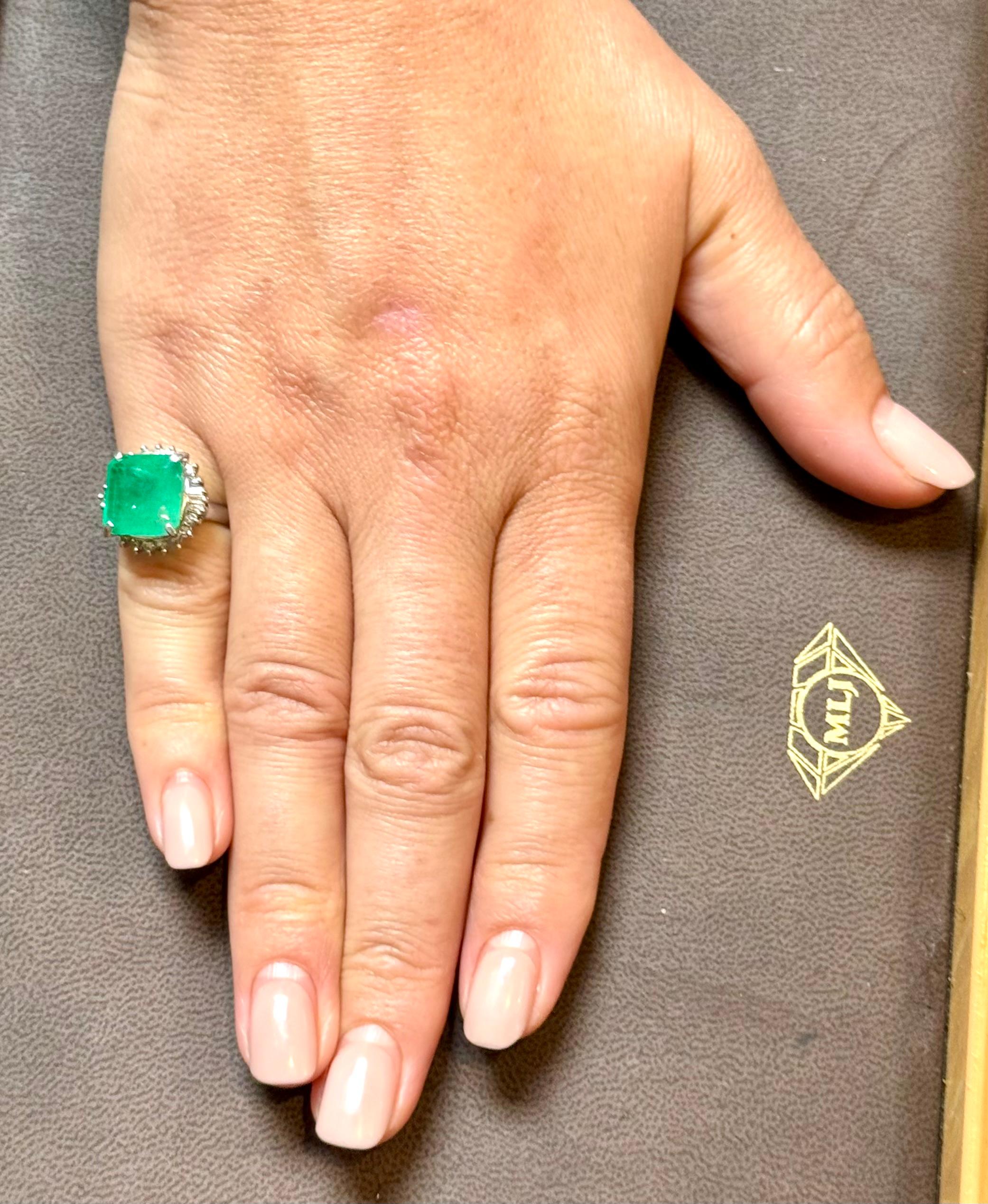 7.78 Carat Natural Square Emerald & 0.45 Ct Diamond Ring in Platinum, Size 4.5 For Sale 8