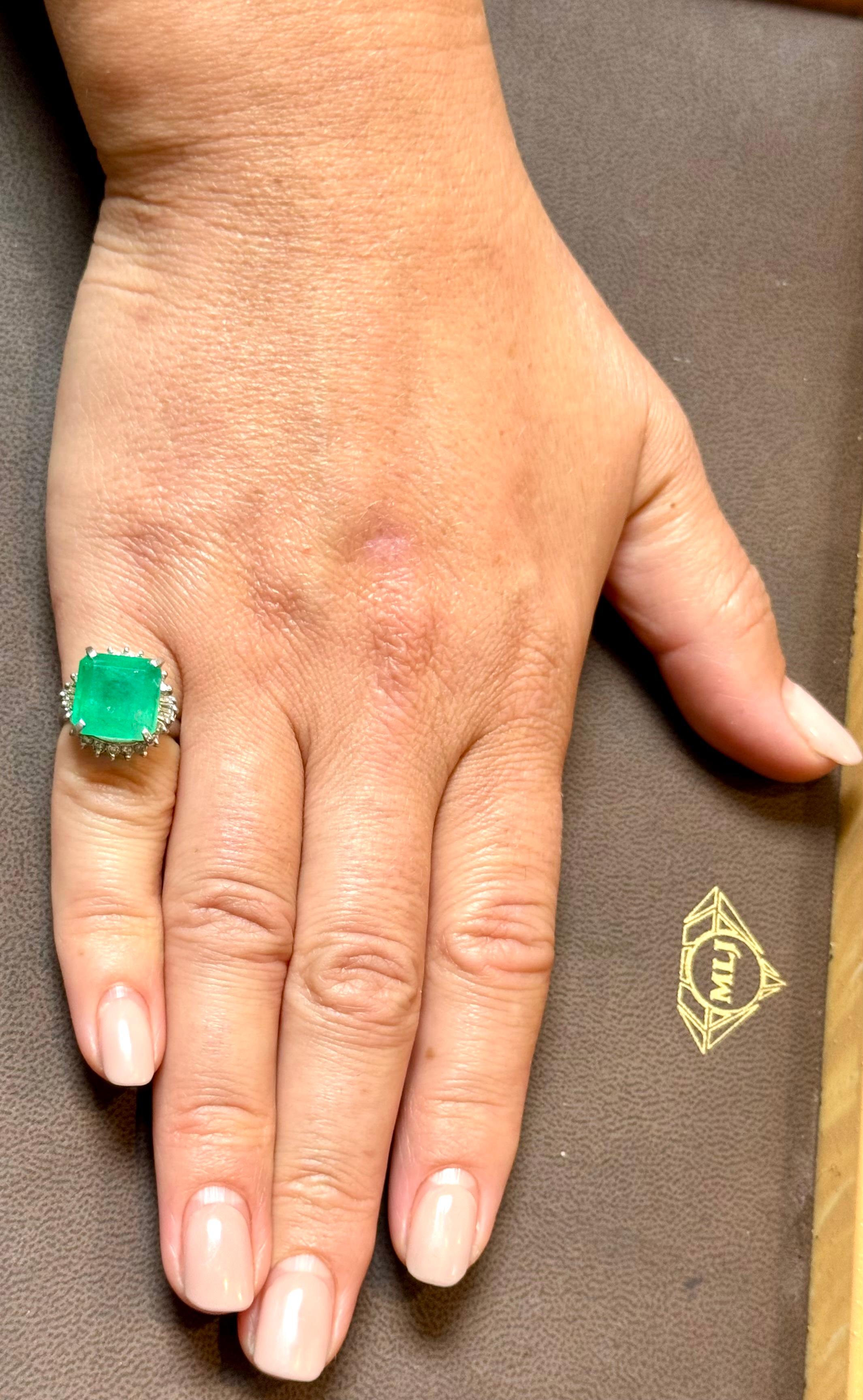 7.78 Carat Natural Square Emerald & 0.45 Ct Diamond Ring in Platinum, Size 4.5 For Sale 9