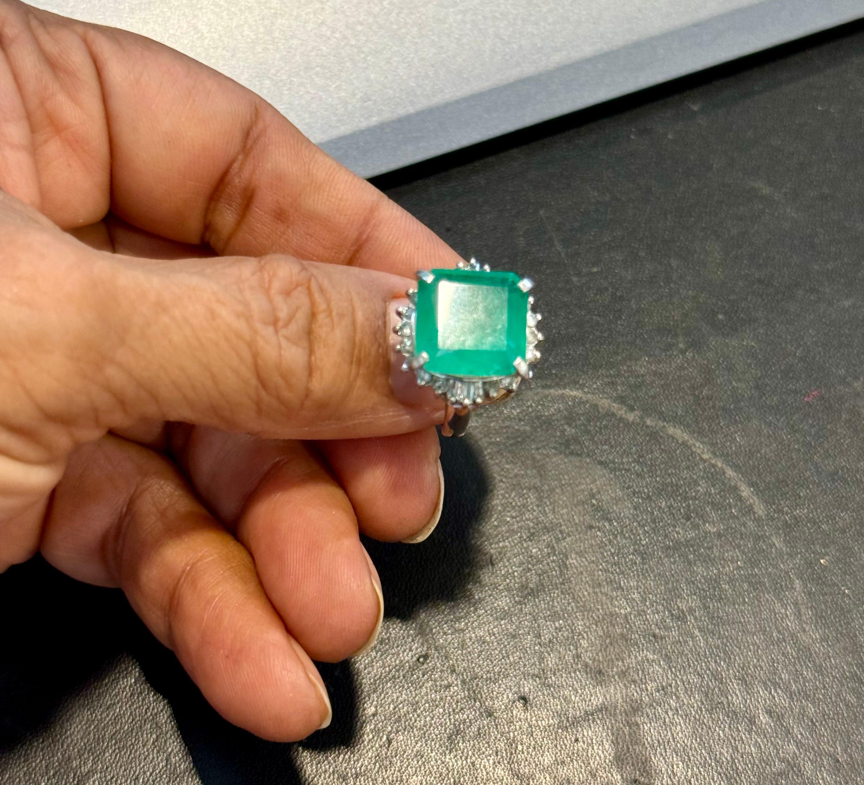 Cushion Cut 7.78 Carat Natural Square Emerald & 0.45 Ct Diamond Ring in Platinum, Size 4.5 For Sale