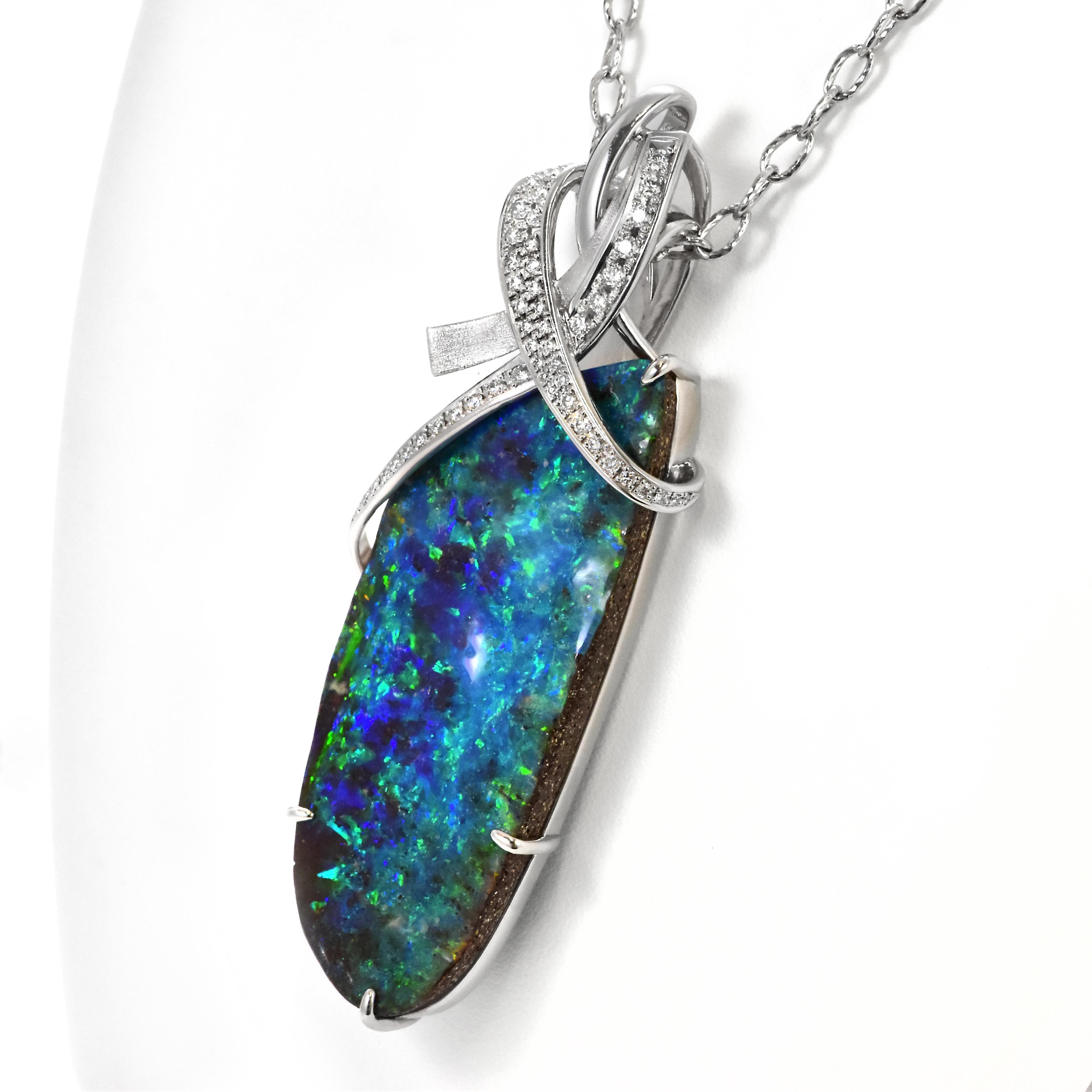 Pendentif en platine de 77.80 carats d'opale de Boulder australienne naturelle et de diamants en vente 9