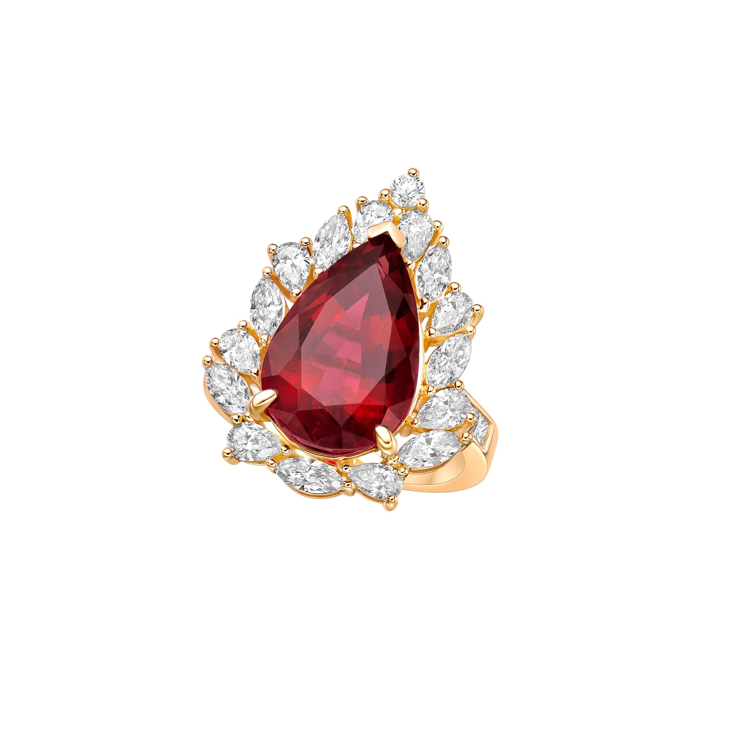 Pear Cut 7.784 Carat Rubelite Fancy Ring in 18Karat Yellow Gold with White Diamond. For Sale