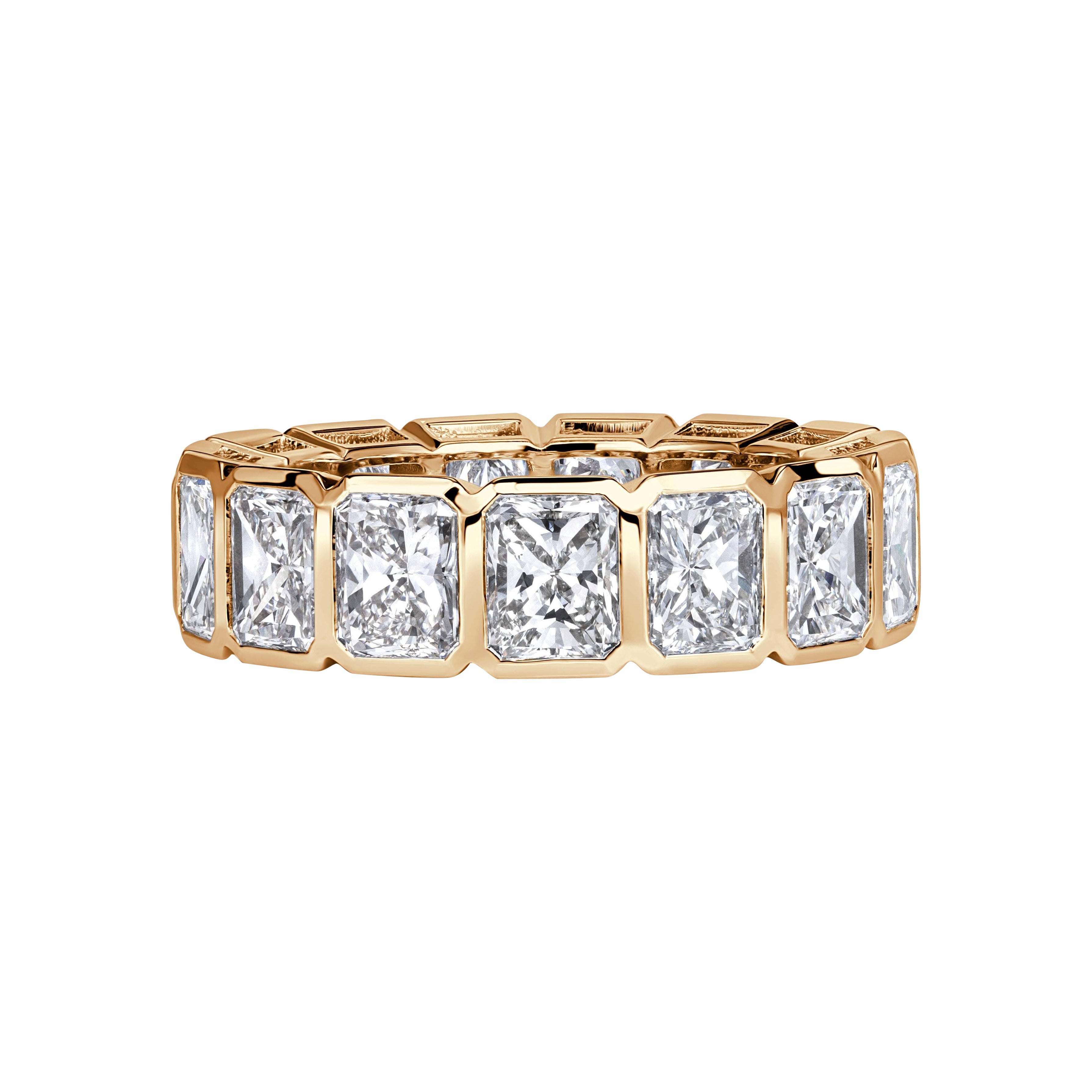 7.78ct Radiant Cut Bezel Set Diamond Eternity Band in 18K Champagne Yellow Gold For Sale