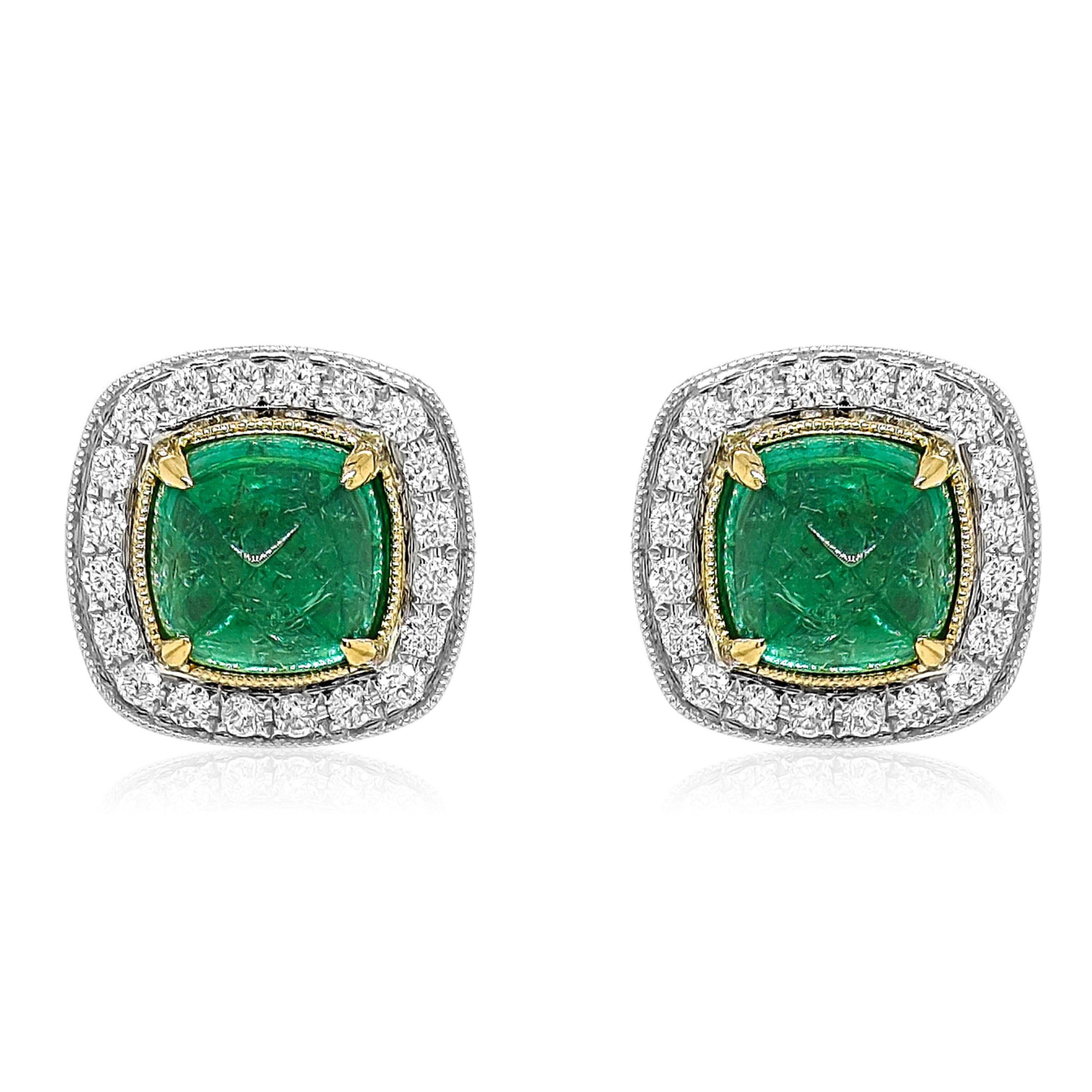 Sugarloaf Cabochon 7.79 Carat Emerald and White Diamond White and Yellow Gold Earrings For Sale