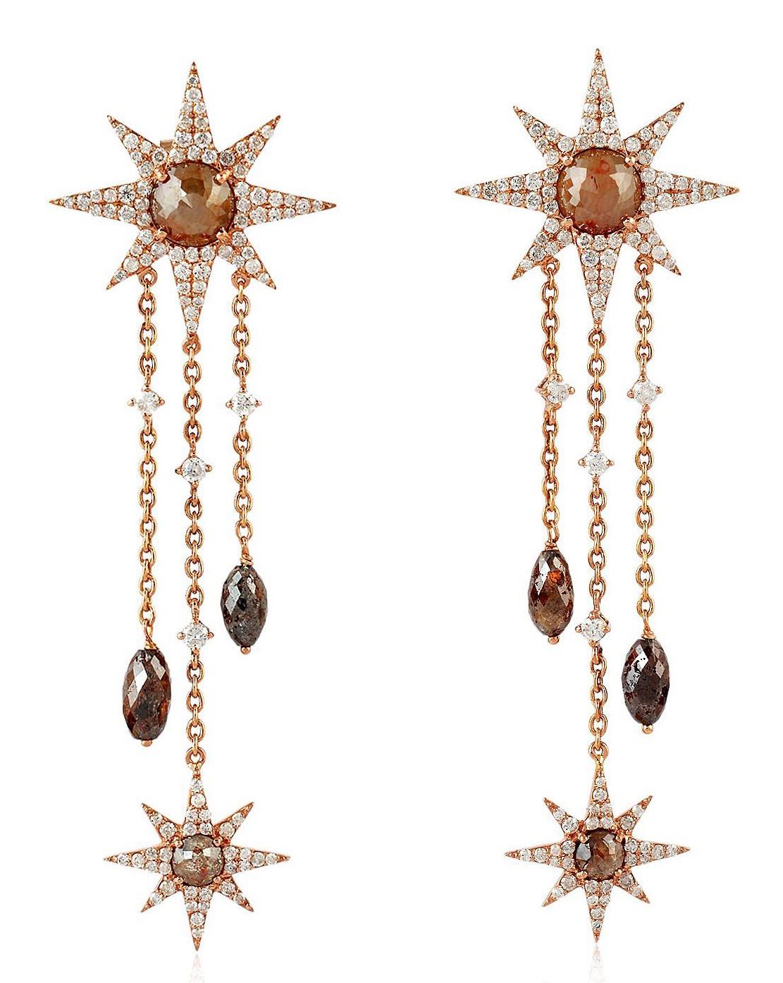 Uncut 7.79 Carat Fancy Diamond 18 Karat Gold Star Earrings For Sale