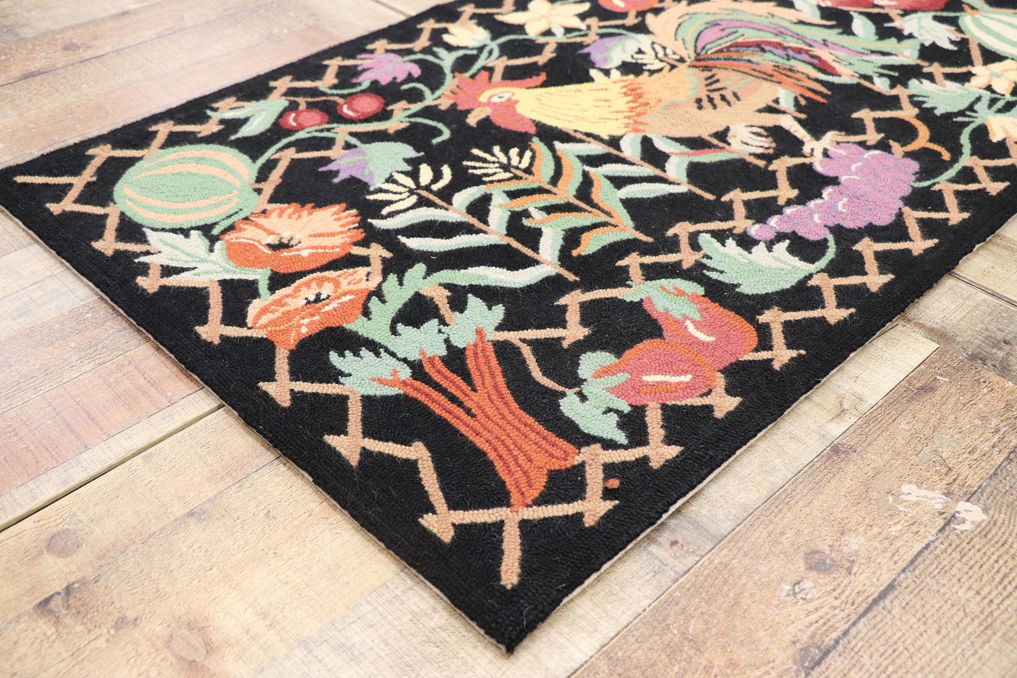 Matching Pair of Vintage Rooster Hooked Rugs For Sale 2