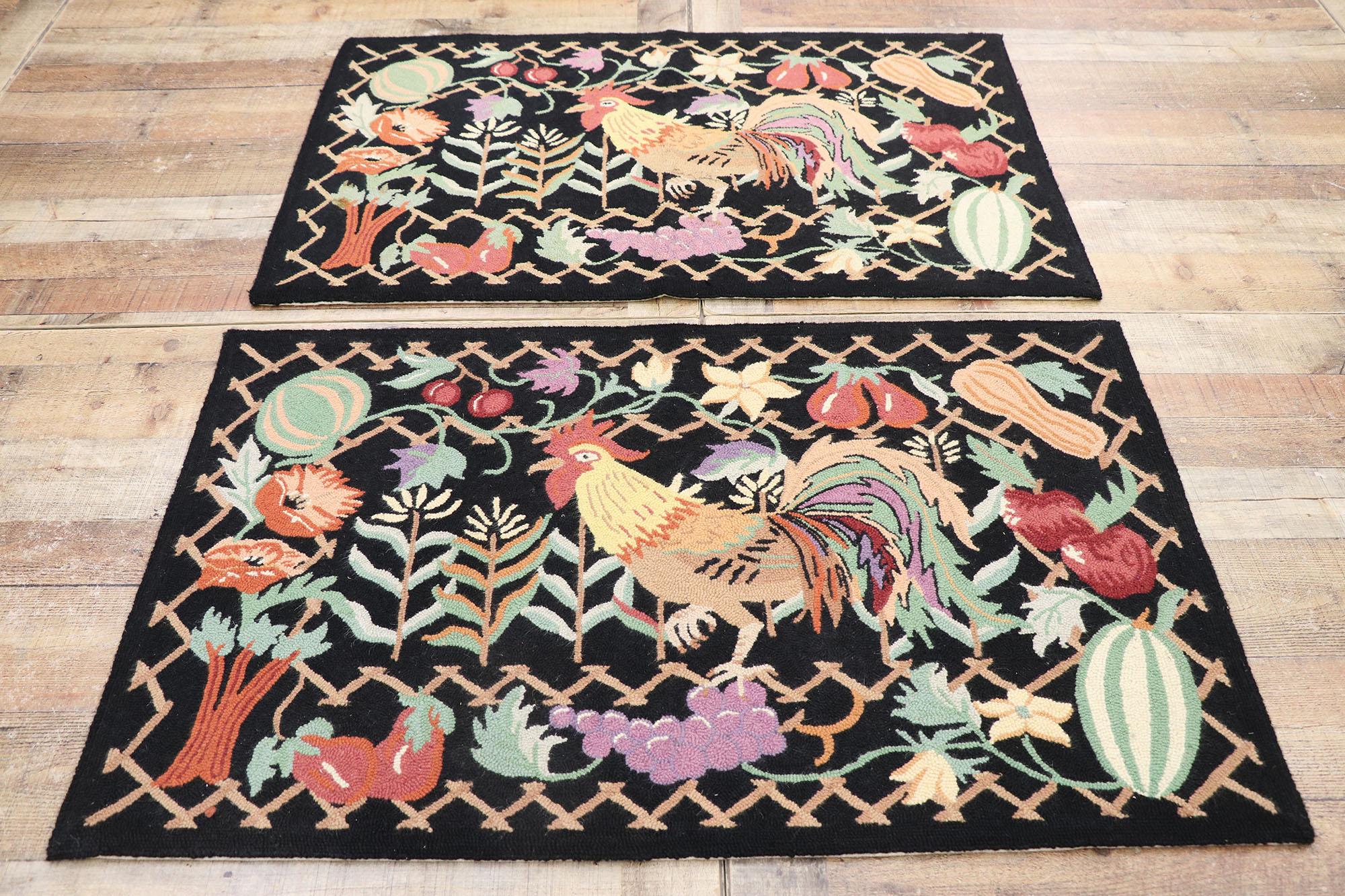 Matching Pair of Vintage Rooster Hooked Rugs For Sale 3
