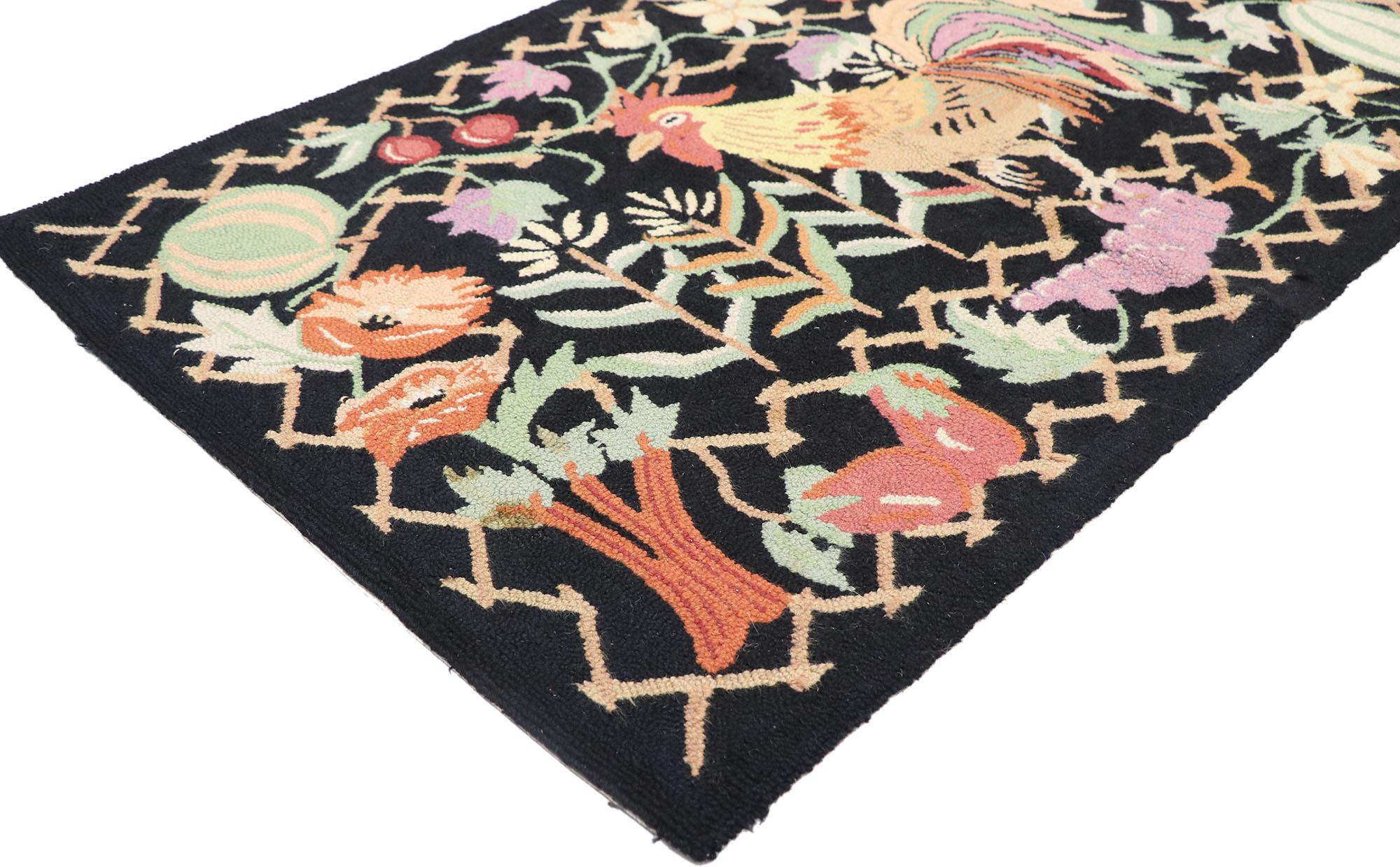 77917-77918 Matching pair of vintage rooster hooked rugs with French country cottage style. Warm and welcoming, this vintage hooked rooster rug showcases a French Country Cottage style. The abrashed black field features a rooster surrounded by a