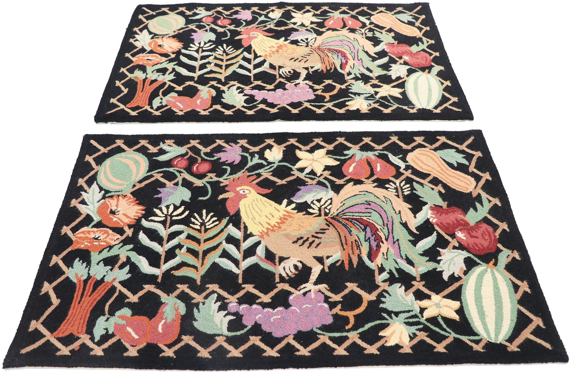 Chinese Matching Pair of Vintage Rooster Hooked Rugs For Sale
