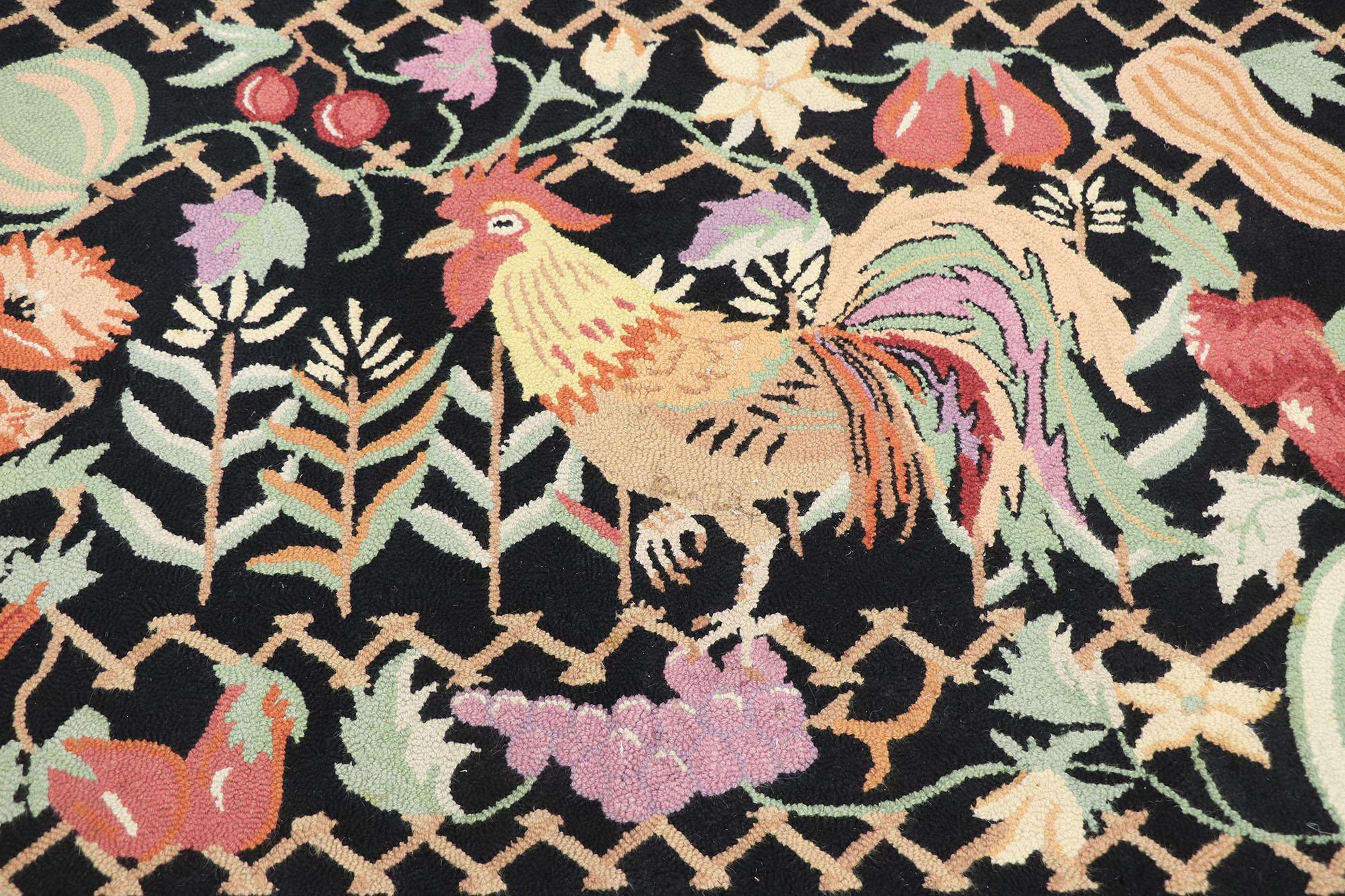 Hand-Crafted Matching Pair of Vintage Rooster Hooked Rugs For Sale